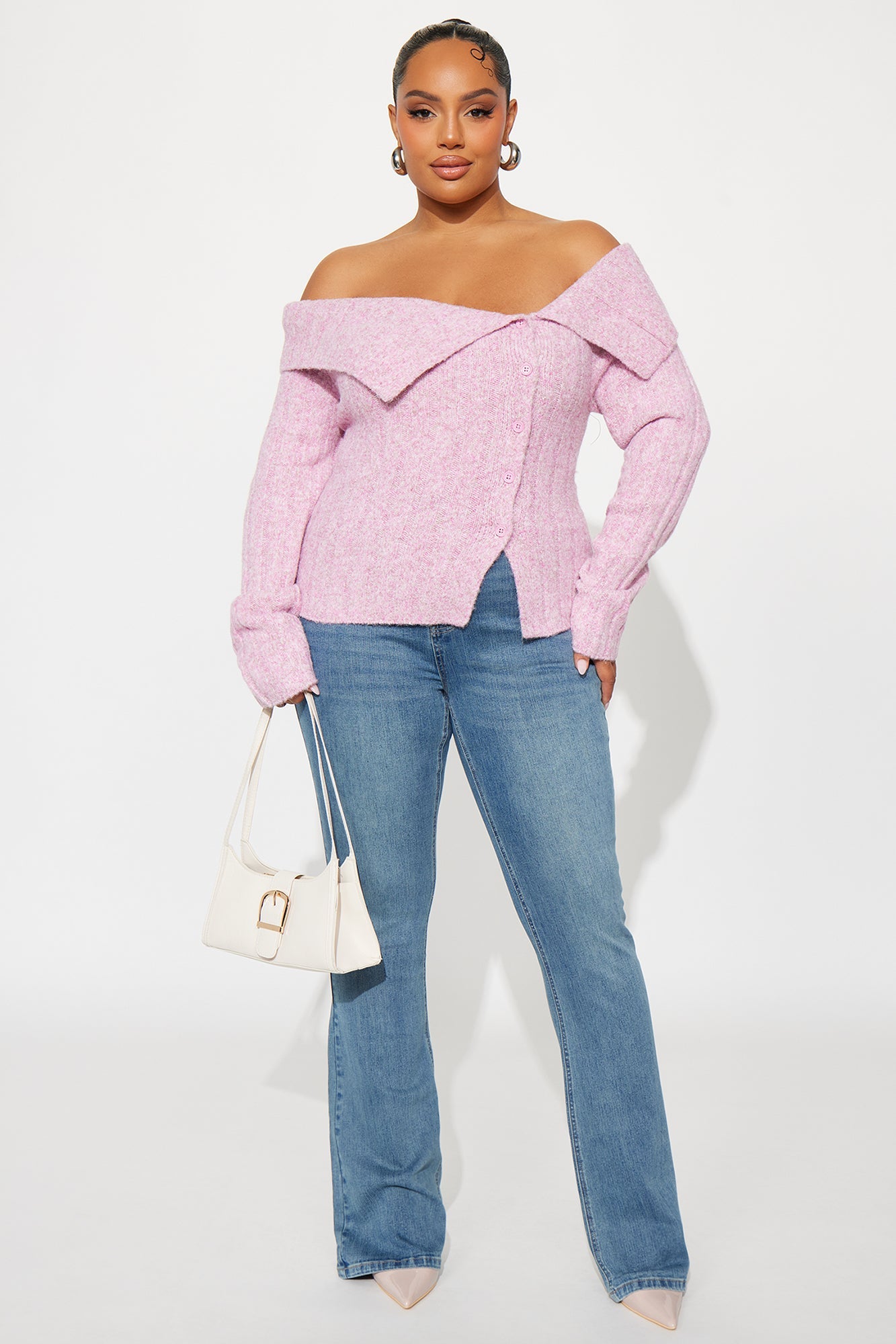 Sassy Soul Off Shoulder Sweater Top - Heather Pink