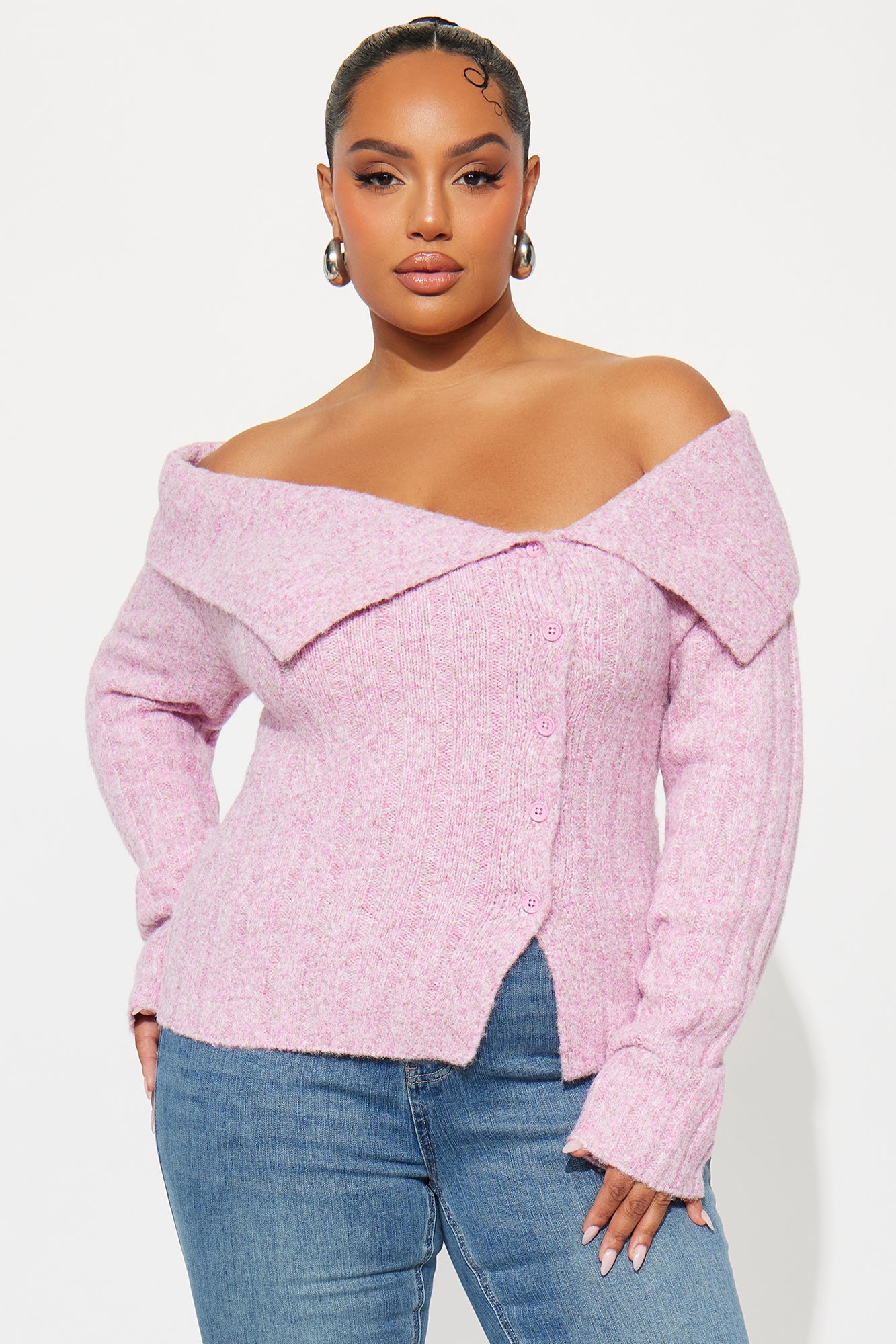 Sassy Soul Off Shoulder Sweater Top - Heather Pink