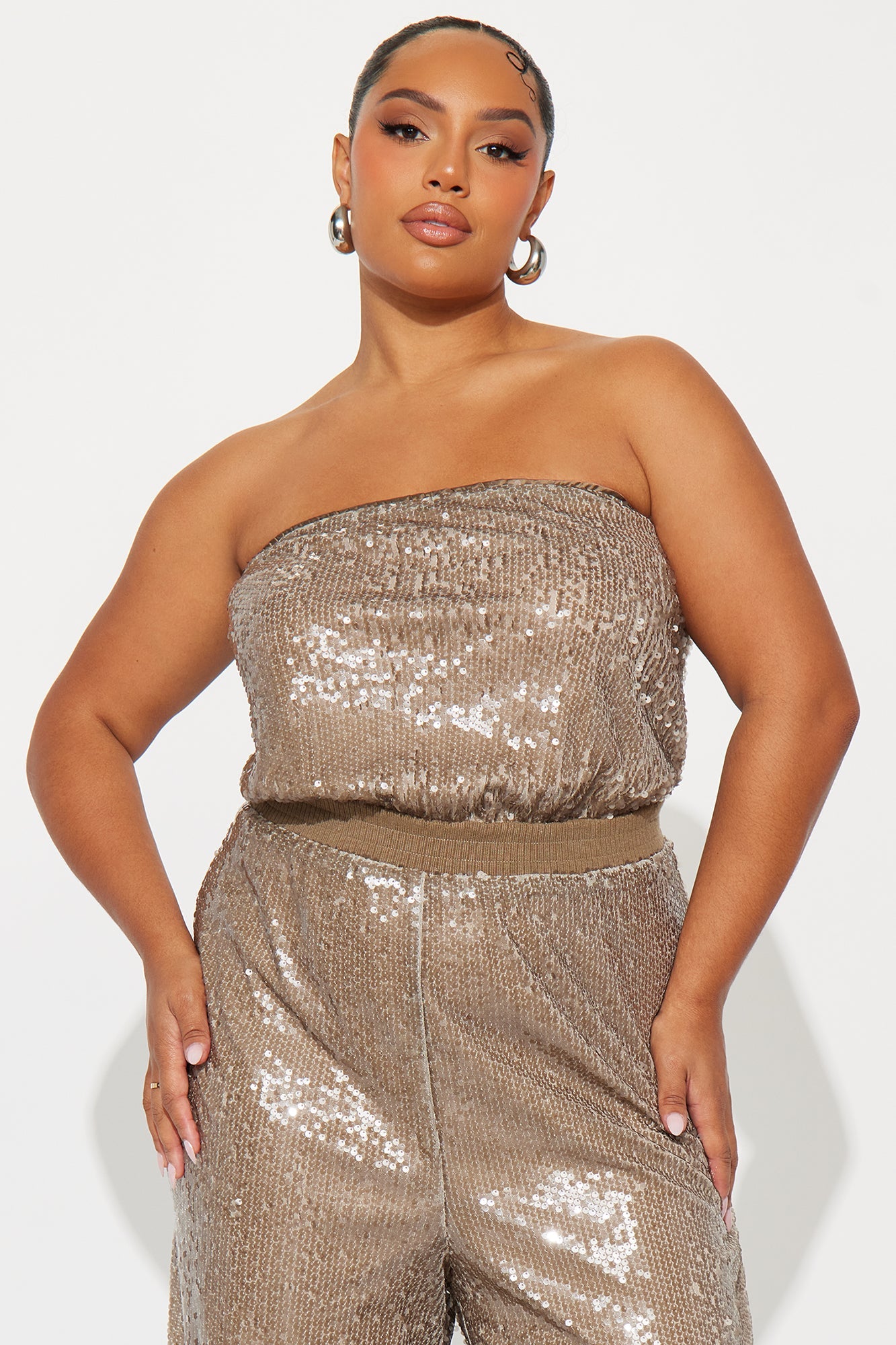 Shiny Nights Sequin Strapless Jumpsuit - Taupe