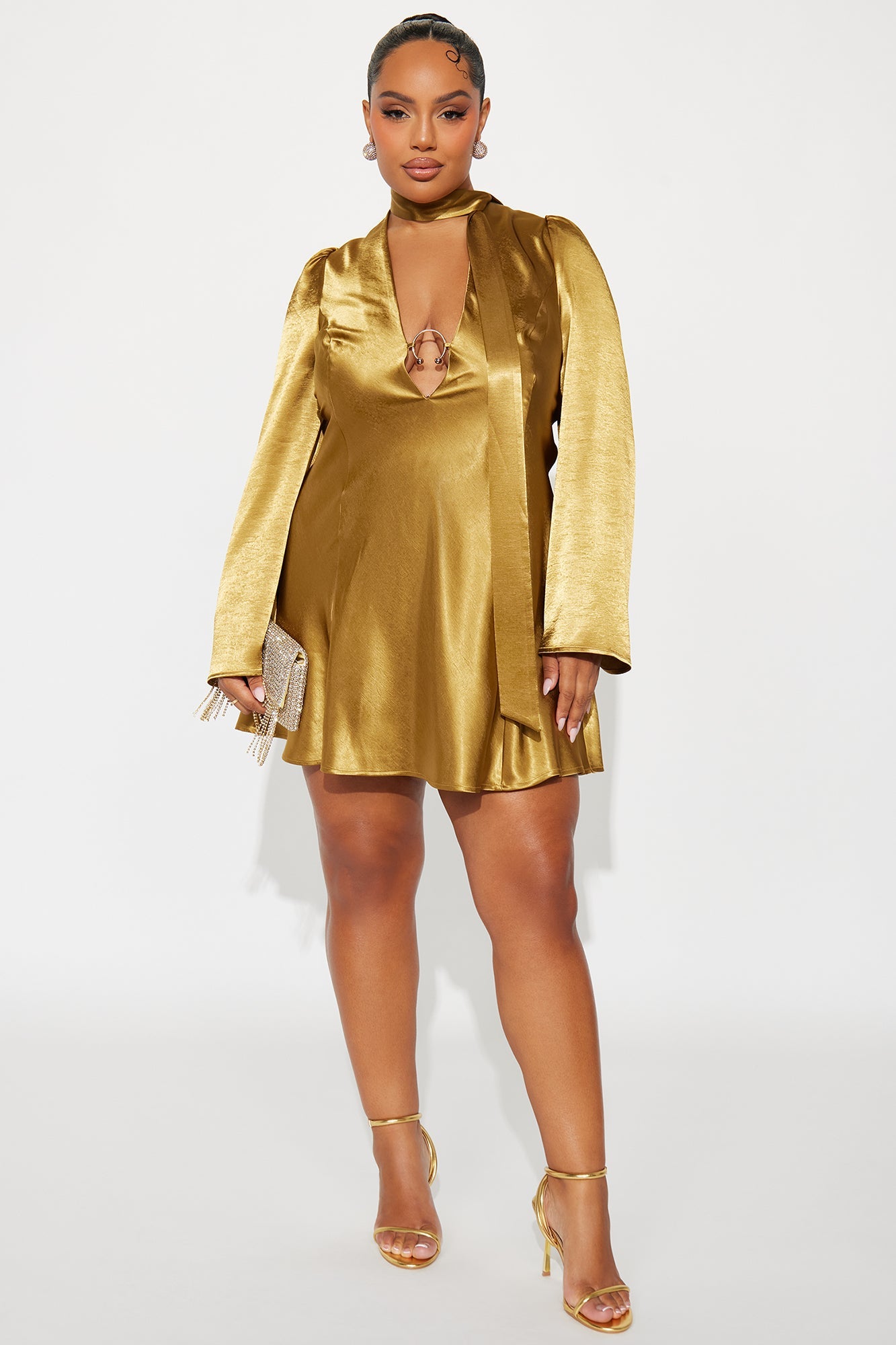 Jasmine Bell Sleeve Satin Mini Dress - Gold