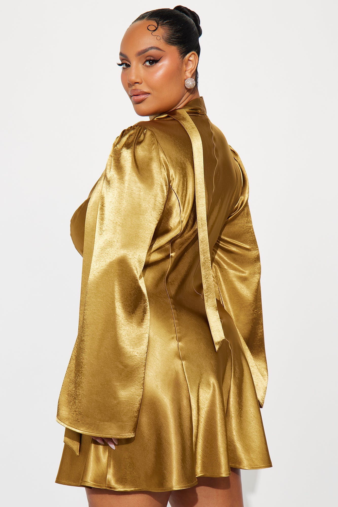 Jasmine Bell Sleeve Satin Mini Dress - Gold