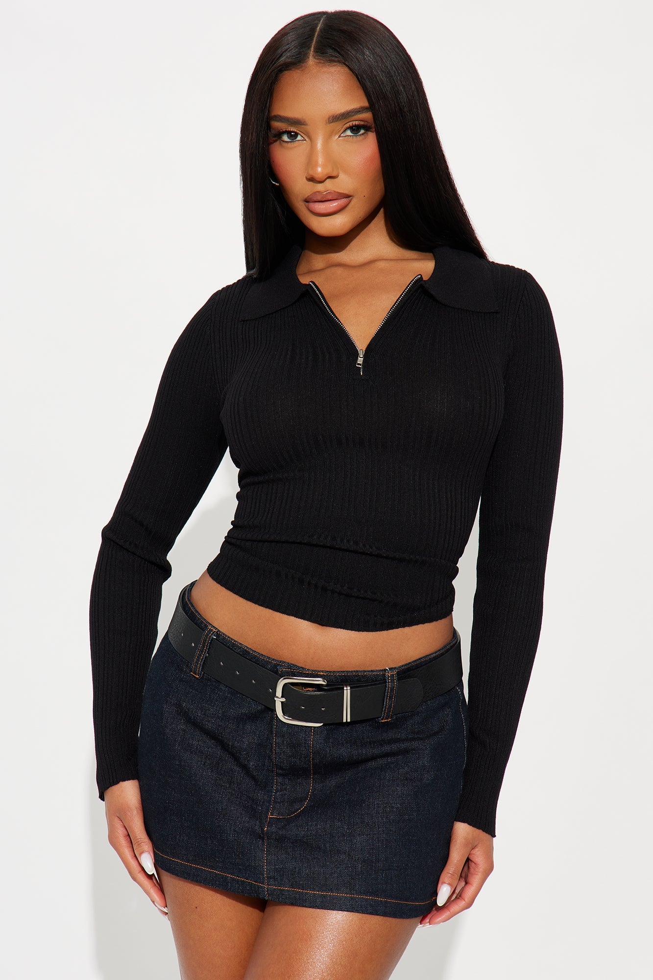 Hot Cocoa Season Ribbed Half Zip Sweater Top - Black