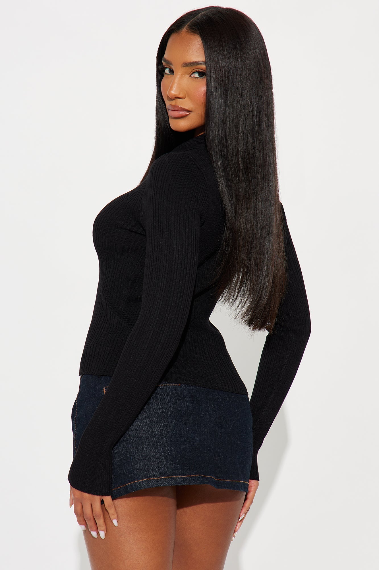 Hot Cocoa Season Ribbed Half Zip Sweater Top - Black