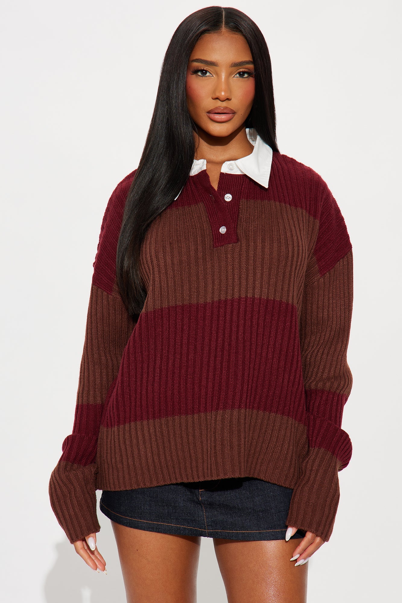 Make You Wonder Rugby Striped Sweater - Brown Combo