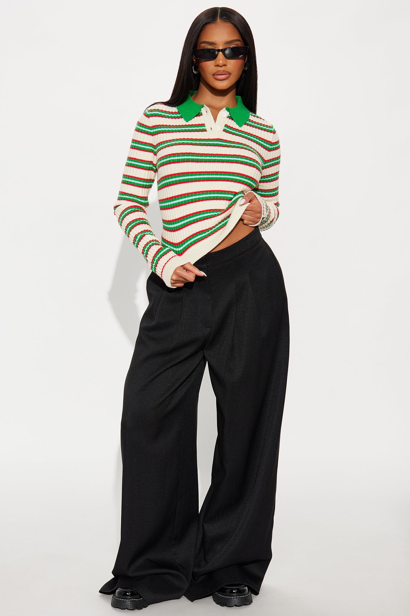 Too Cool For School Striped Sweater Top - Green/combo