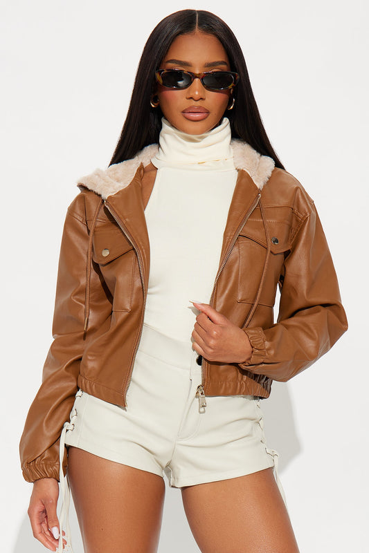 Sammie Fur Hood Faux Leather Jacket - Camel