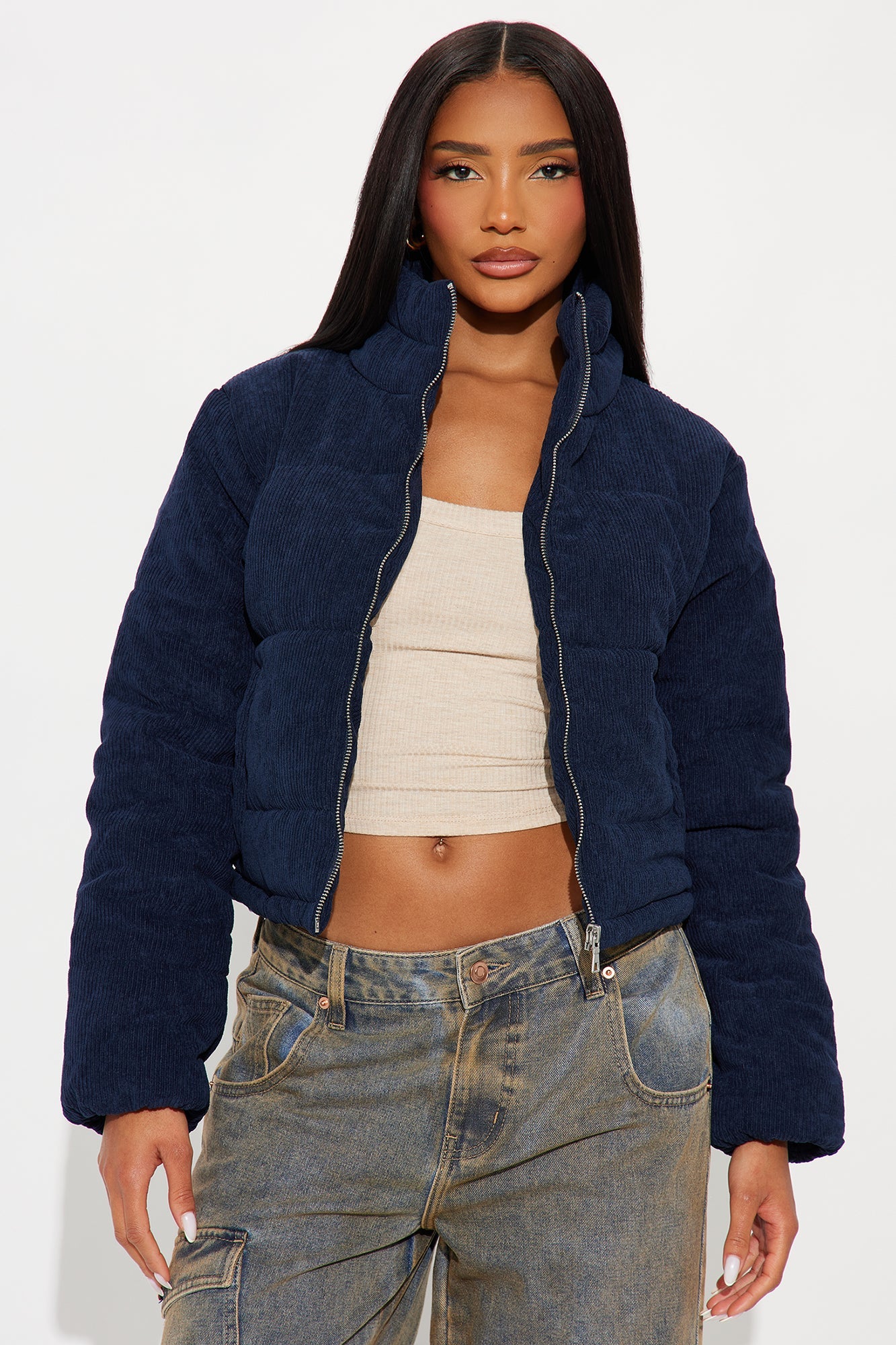Cozy Corduroy Puffer Jacket - Navy