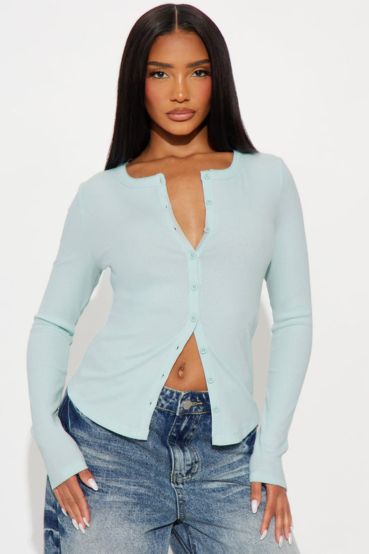 Maddie Button Up Ribbed Top - SkyBlue