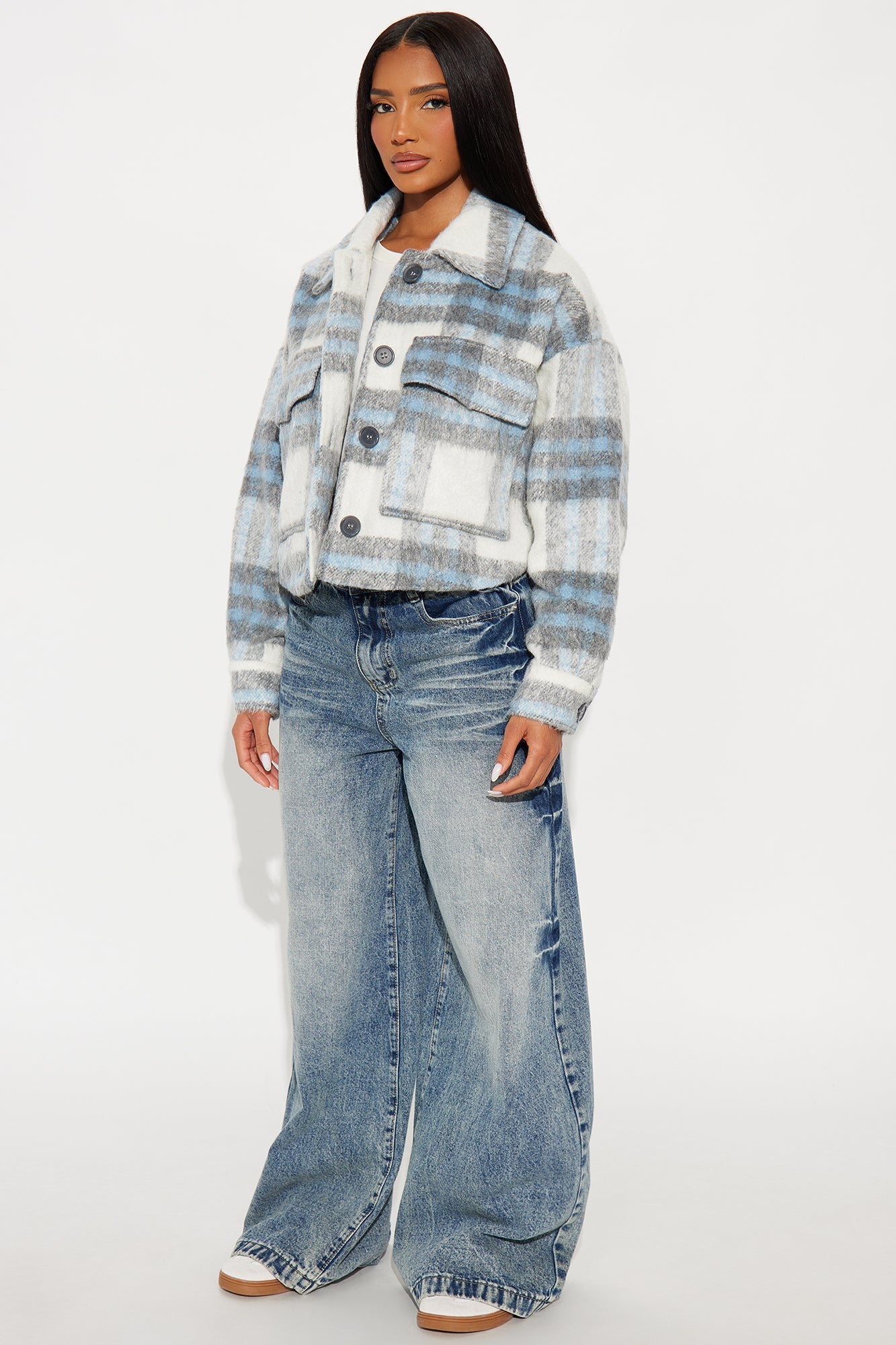 Sienna Plaid Cropped Shacket - Blue