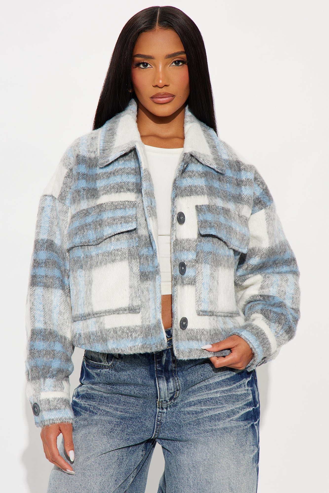 Sienna Plaid Cropped Shacket - Blue