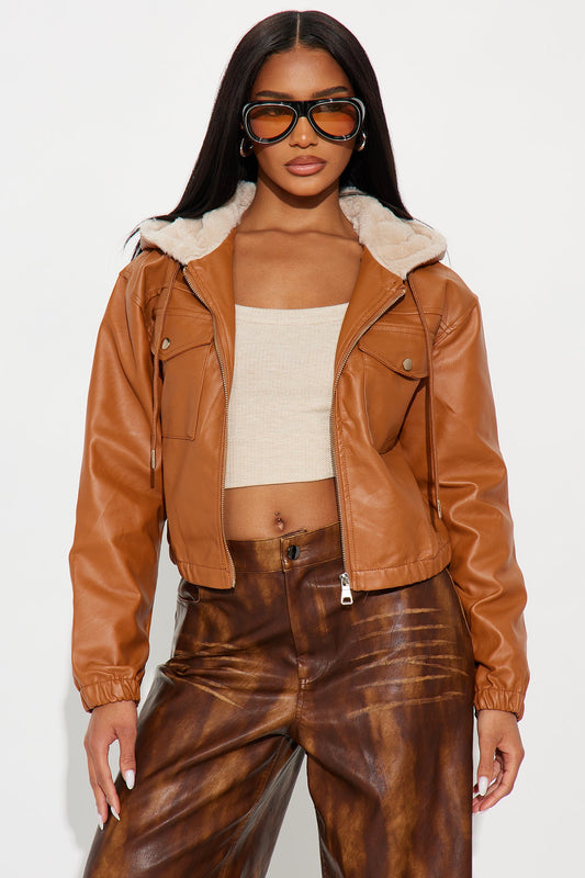 Sammie Fur Hood Faux Leather Jacket - Cognac