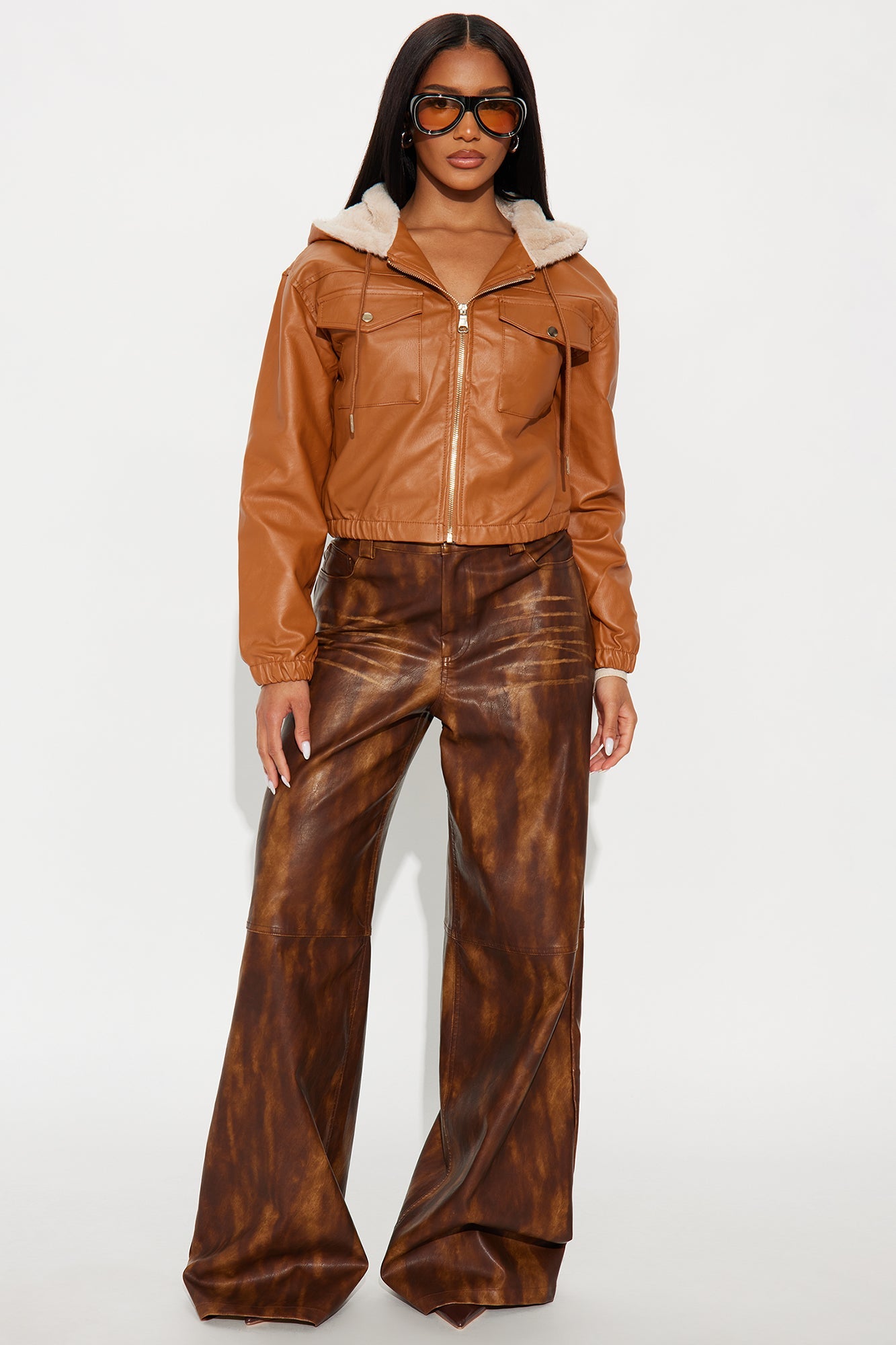 Sammie Fur Hood Faux Leather Jacket - Cognac