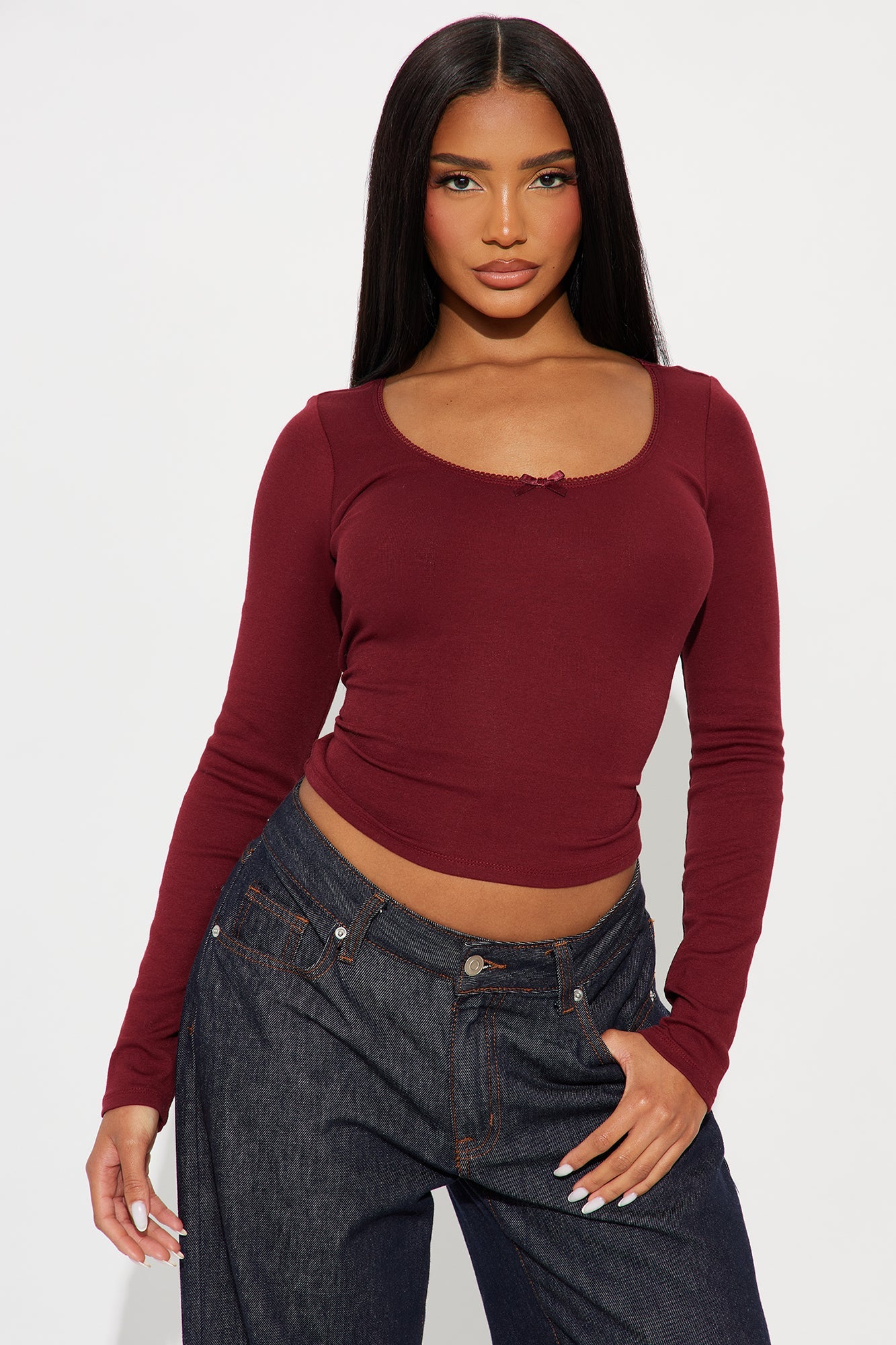 Tanya Ribbed Long Sleeve Top - Wine