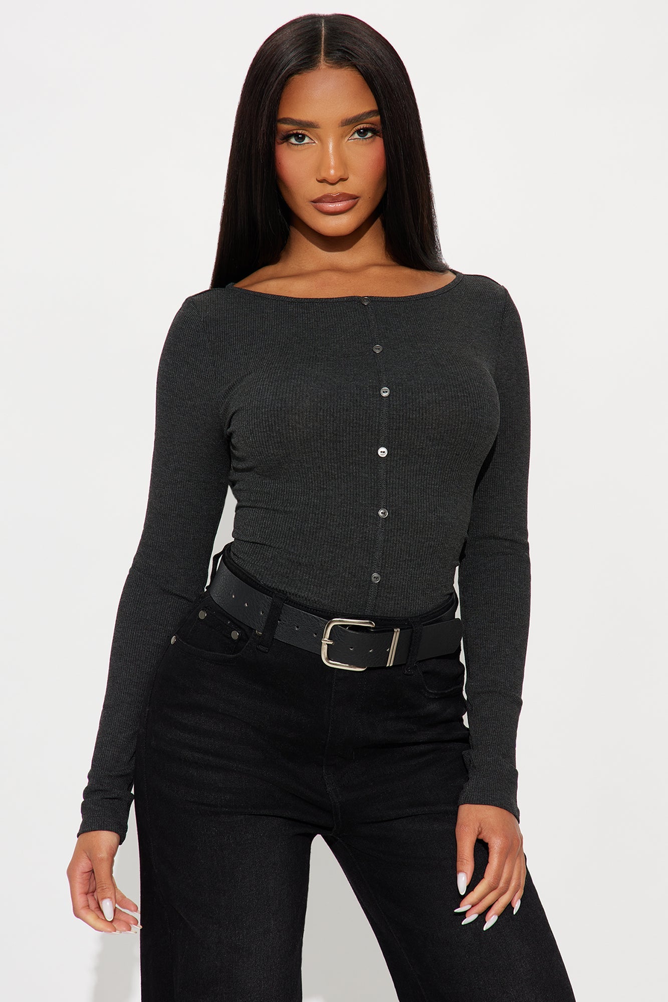 Daniella Ribbed Button Up Long Sleeve Top - Charcoal