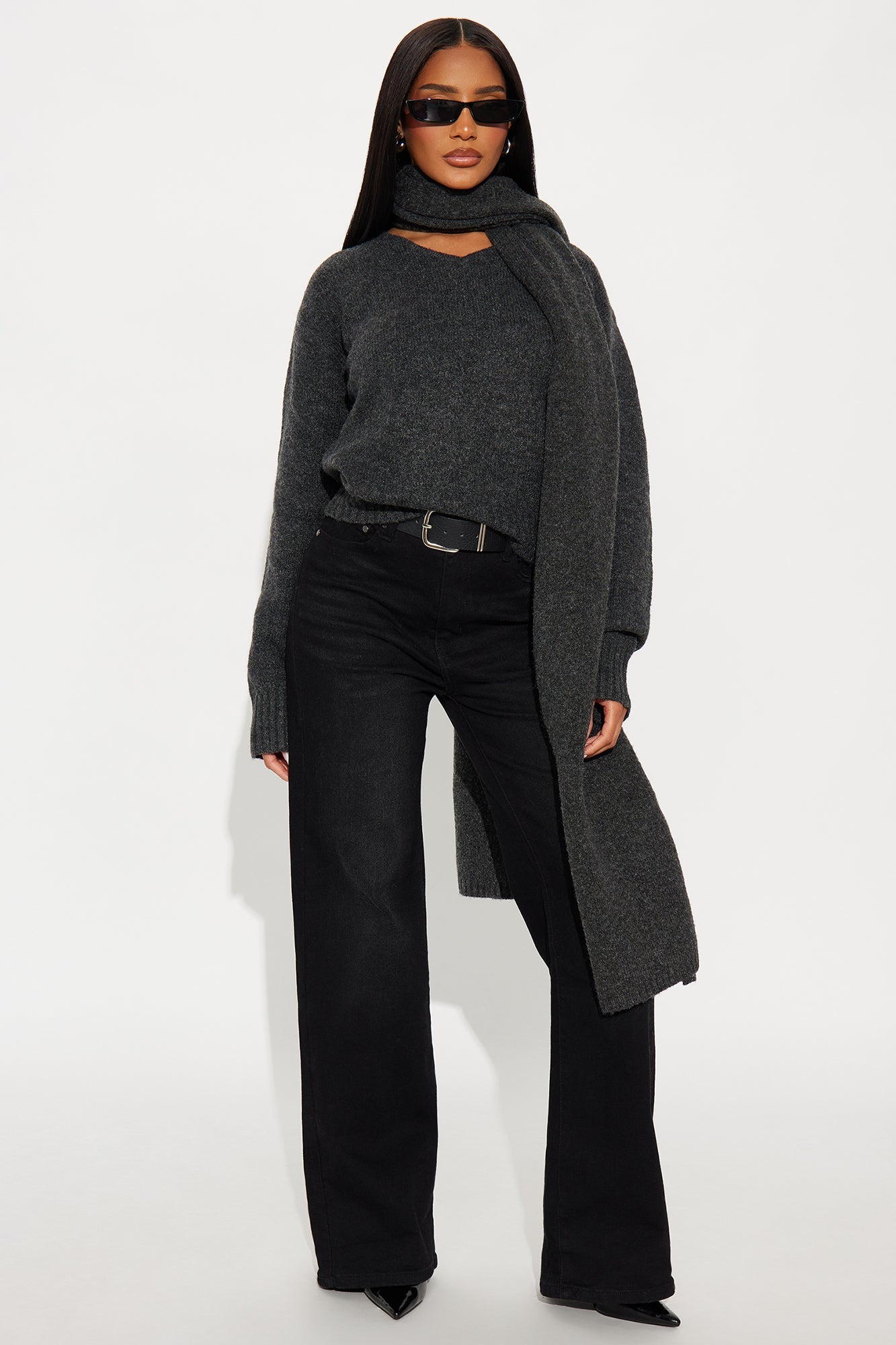 She's Golden 2 Piece Scarf Sweater Set - Charcoal