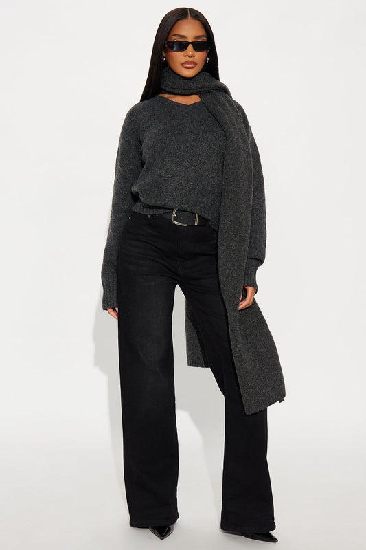 She's Golden 2 Piece Scarf Sweater Set - Charcoal