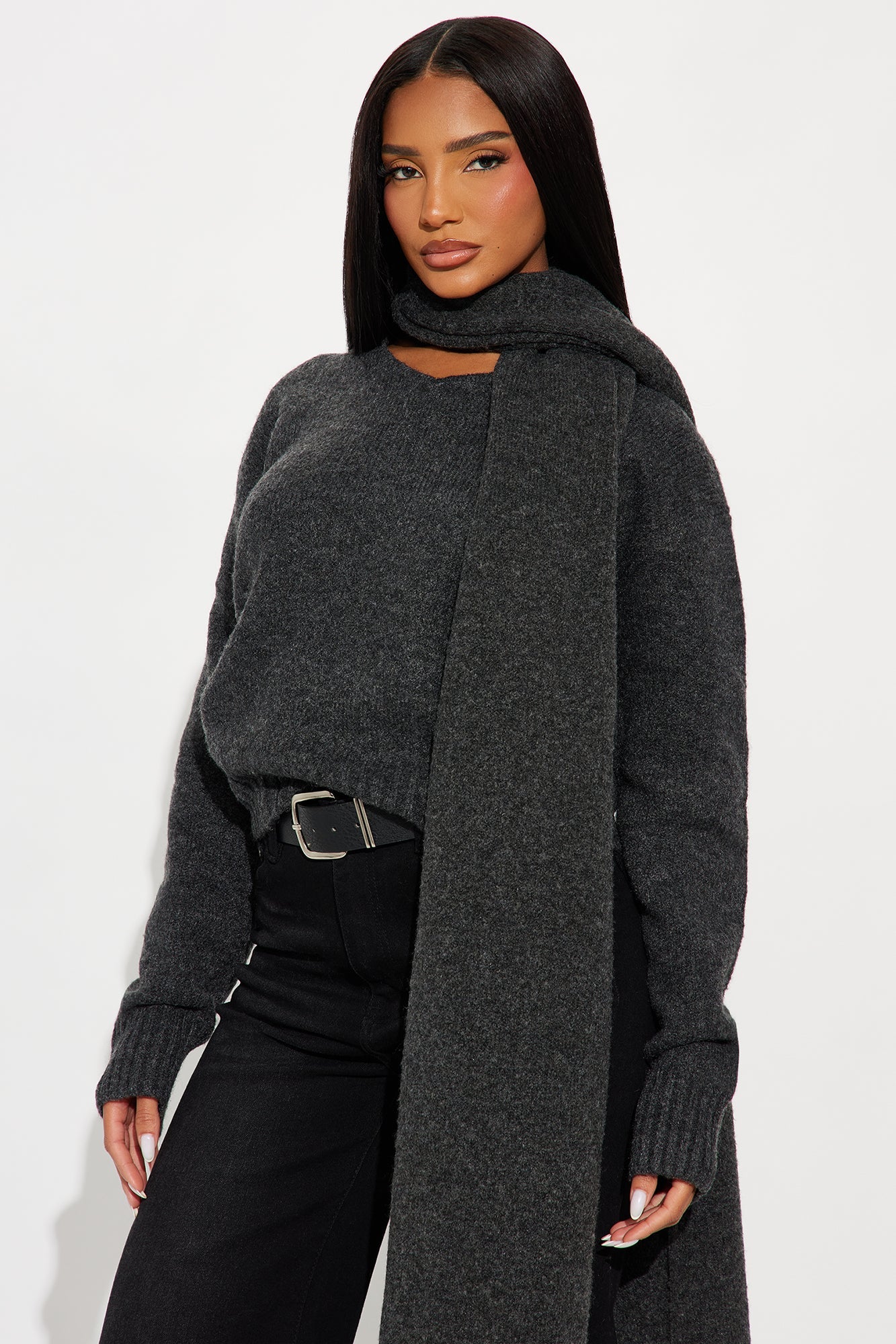 She's Golden 2 Piece Scarf Sweater Set - Charcoal
