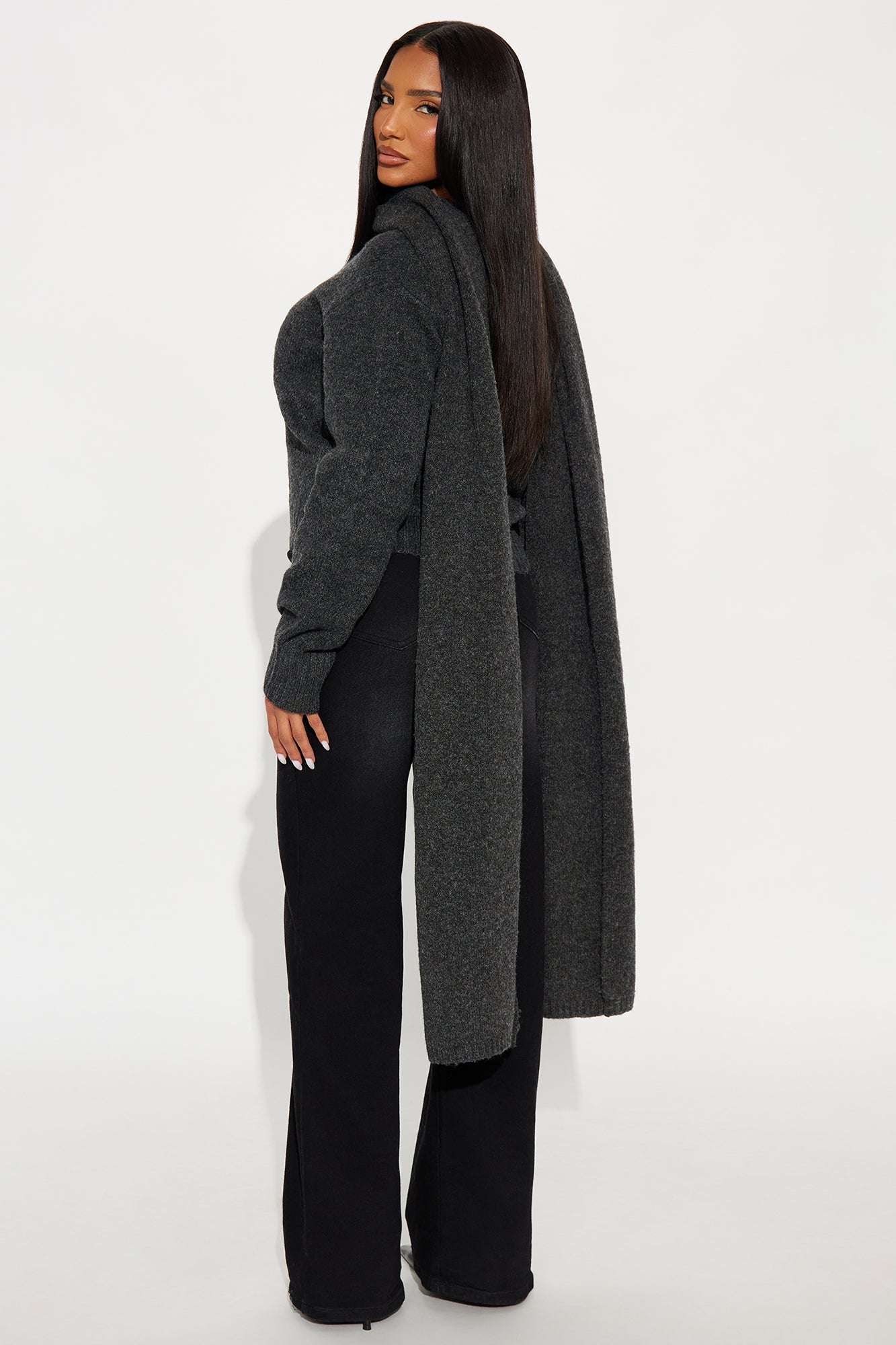 She's Golden 2 Piece Scarf Sweater Set - Charcoal