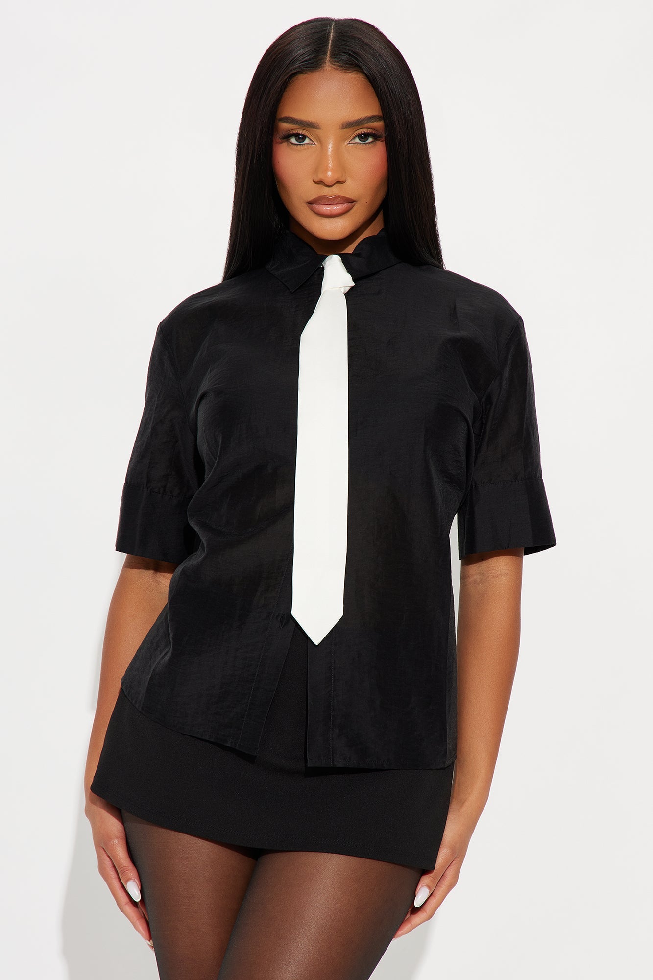 Give It A Try Neck Tie Organza Shirt - Black/White