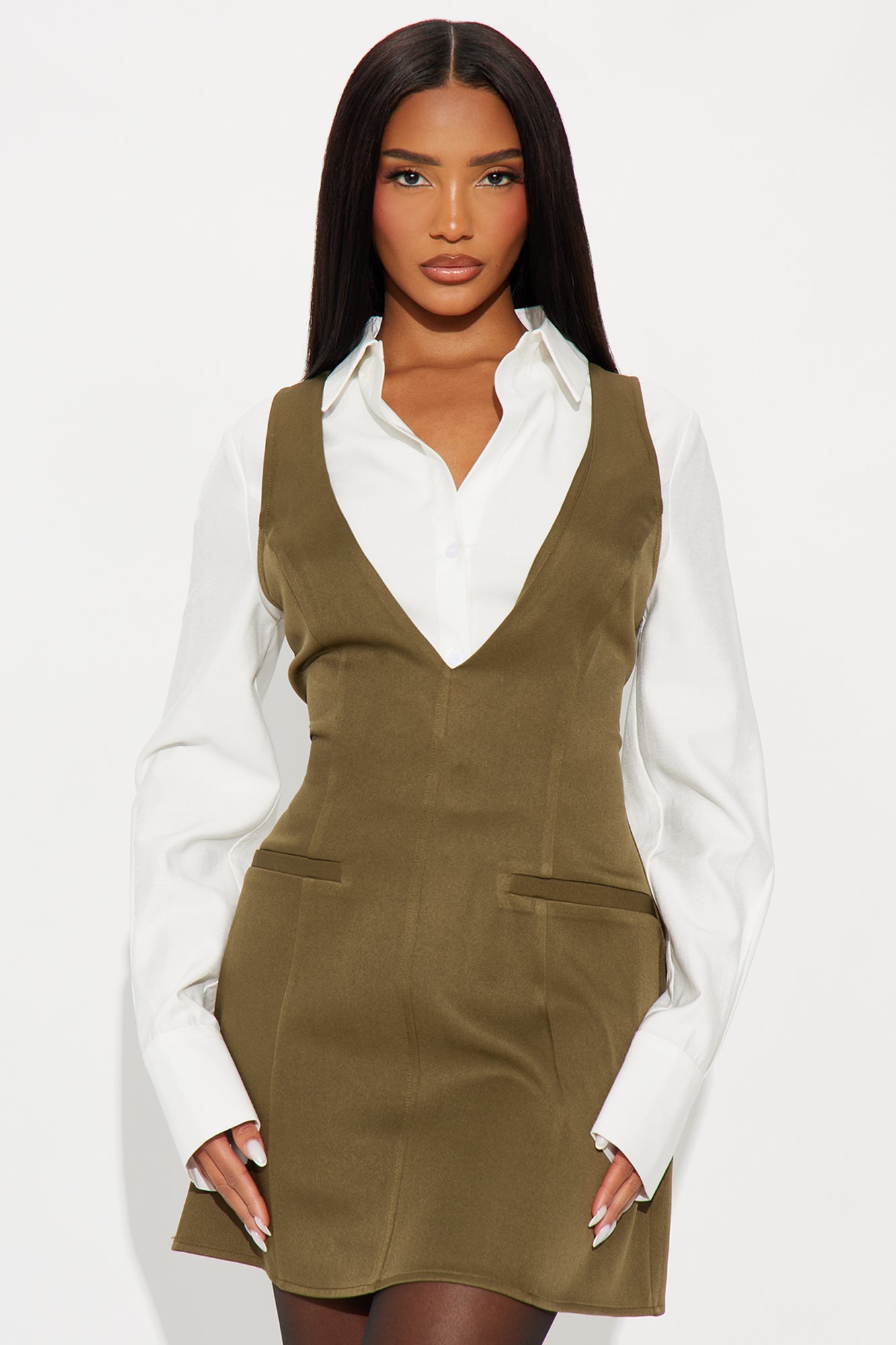 Arlene Long Sleeve Mini Dress - Olive/combo