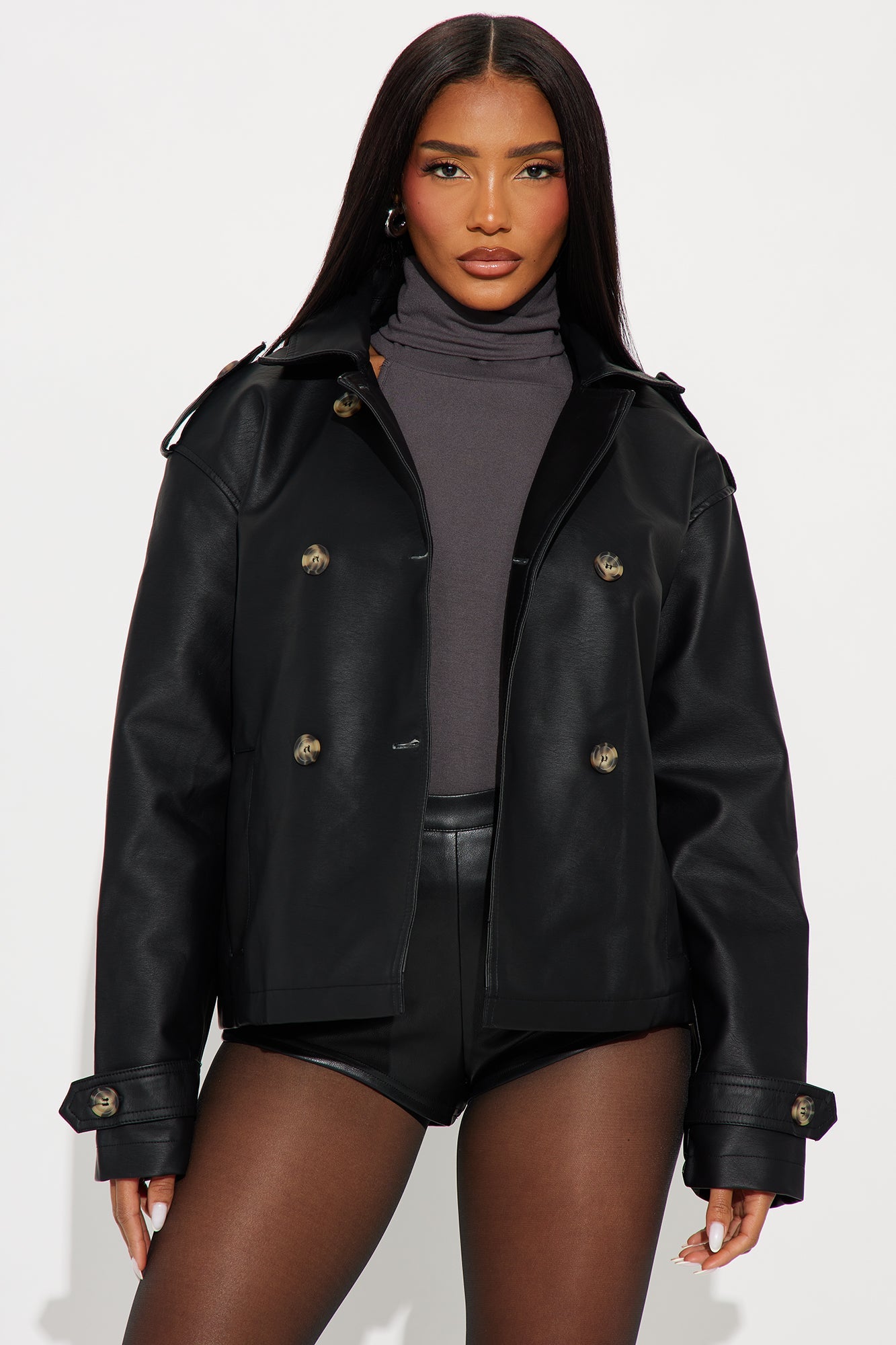 Inessa Faux Leather Trench Jacket - Black
