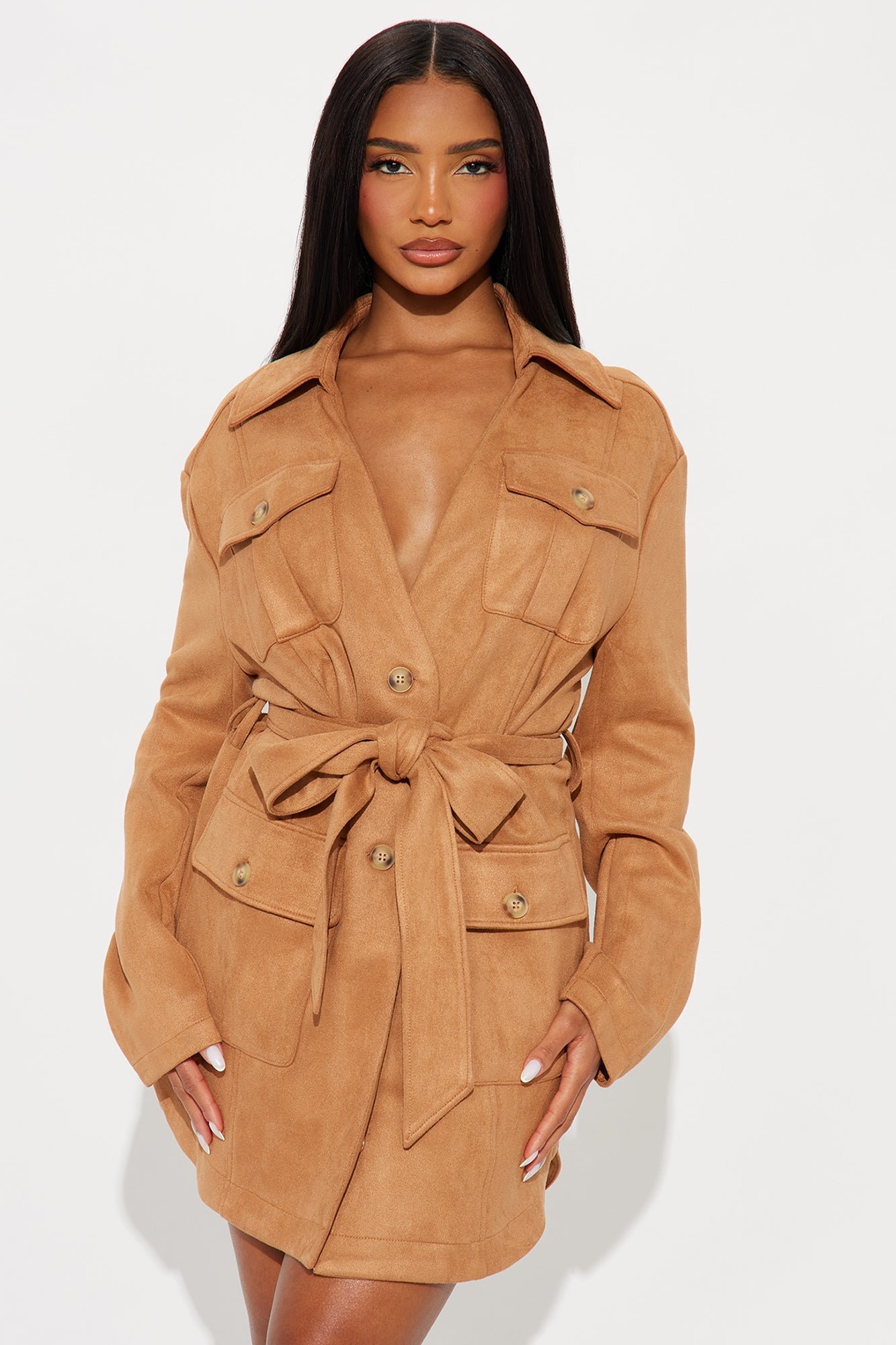 Tessa Tie Waist Faux Suede Mini Dress - Camel