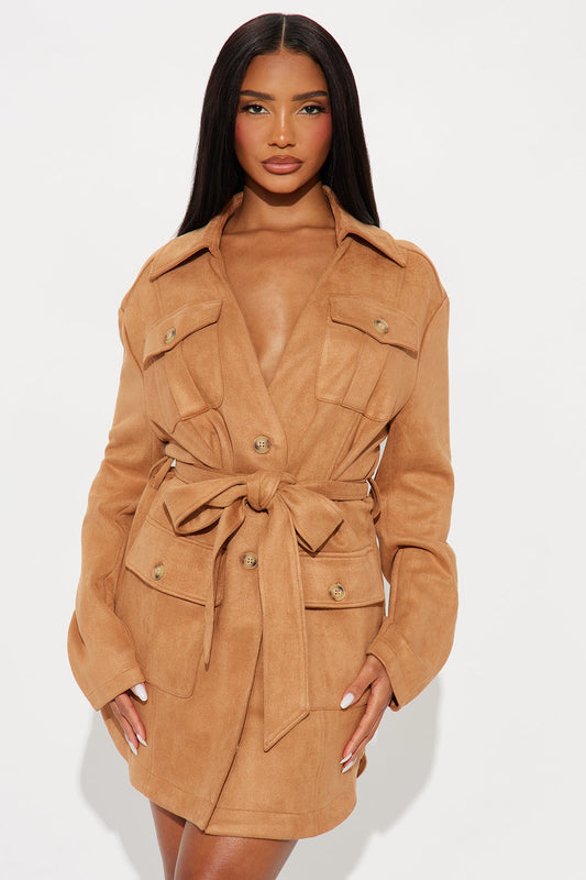 Tessa Tie Waist Faux Suede Mini Dress - Camel