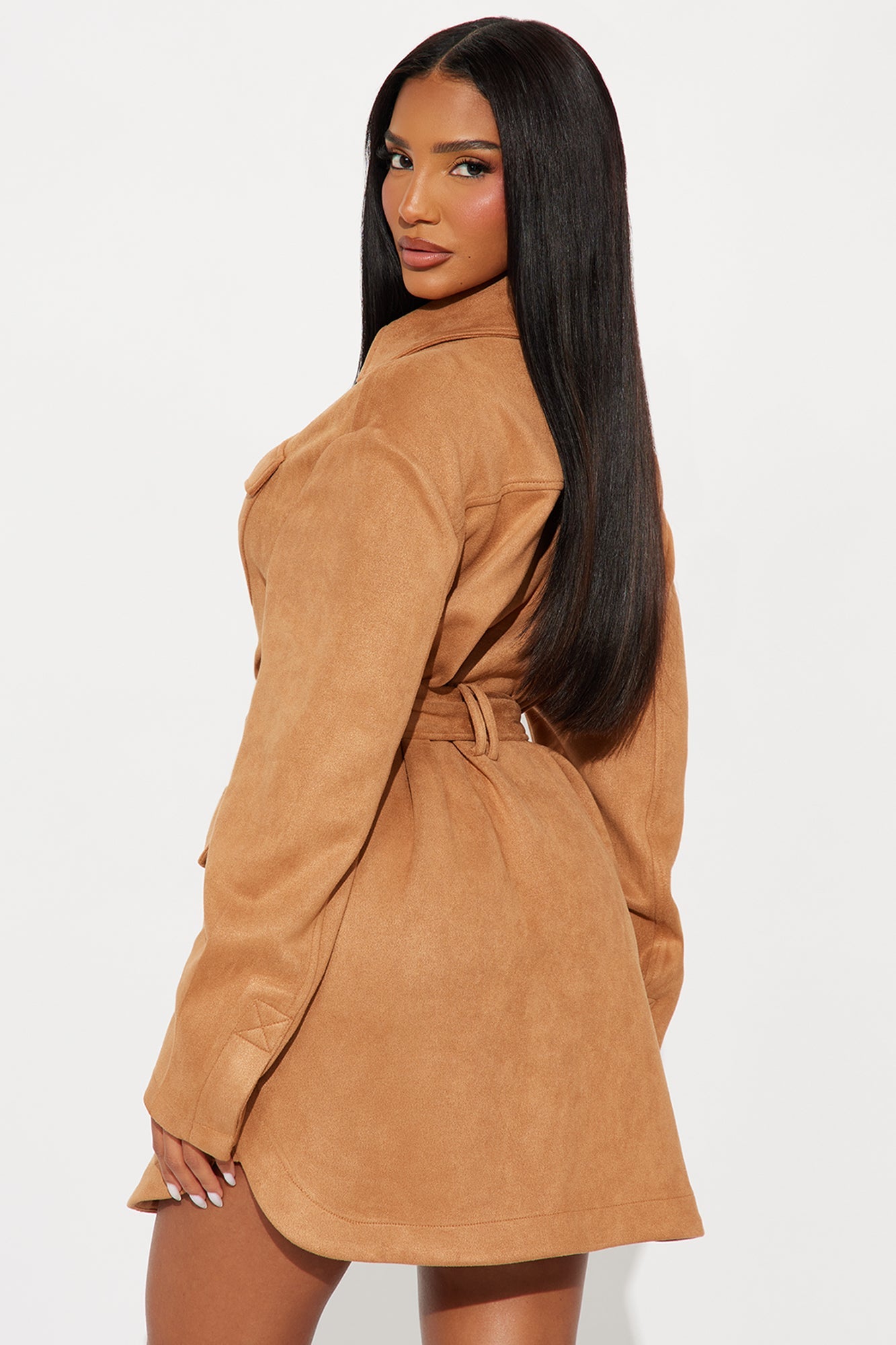 Tessa Tie Waist Faux Suede Mini Dress - Camel