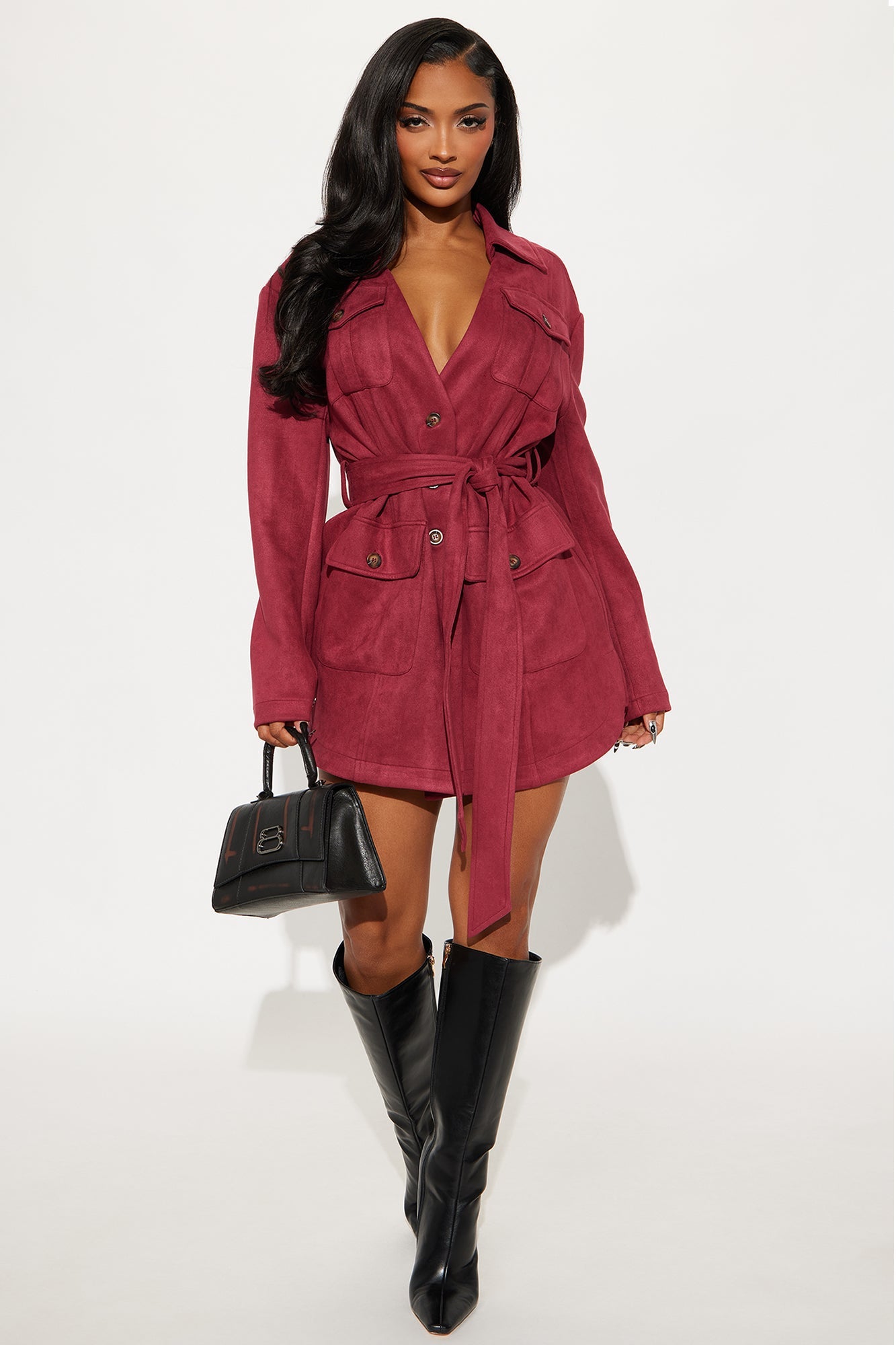 Tessa Tie Waist Faux Suede Mini Dress - Wine