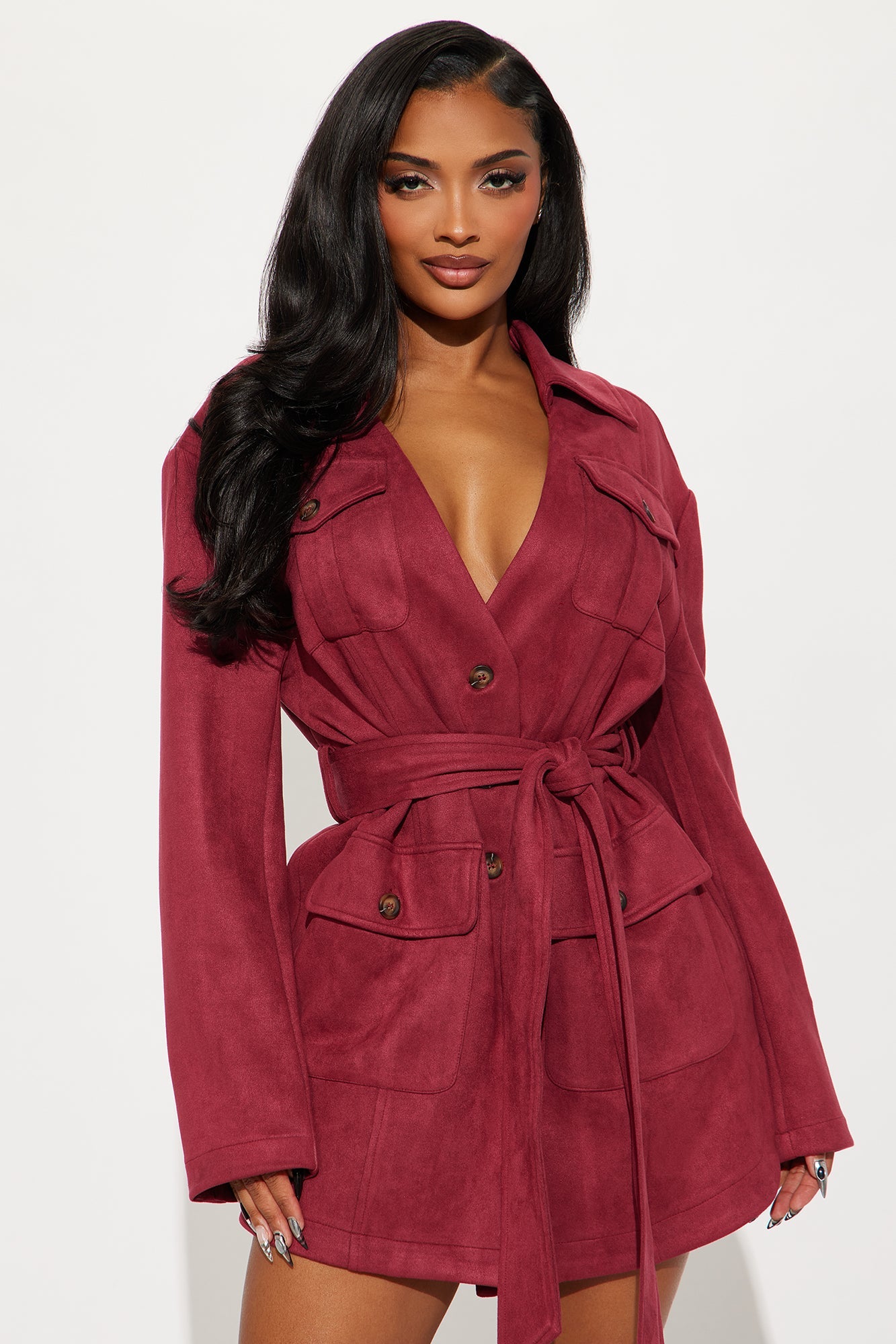 Tessa Tie Waist Faux Suede Mini Dress - Wine