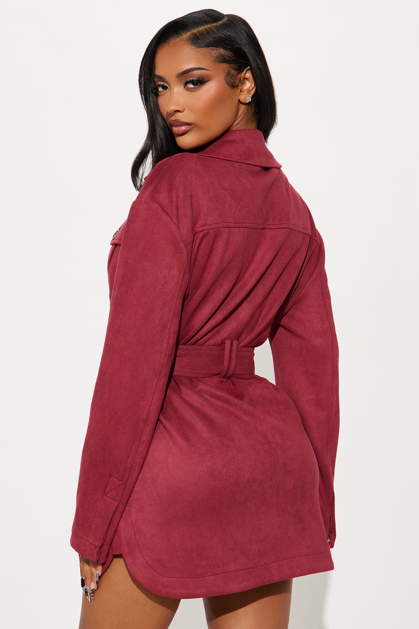 Tessa Tie Waist Faux Suede Mini Dress - Wine