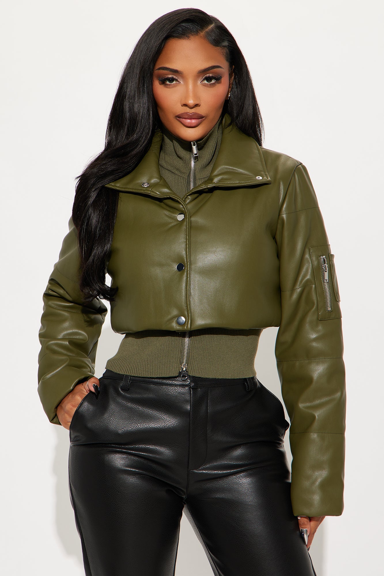 Demi Faux Leather Puffer Jacket - Olive