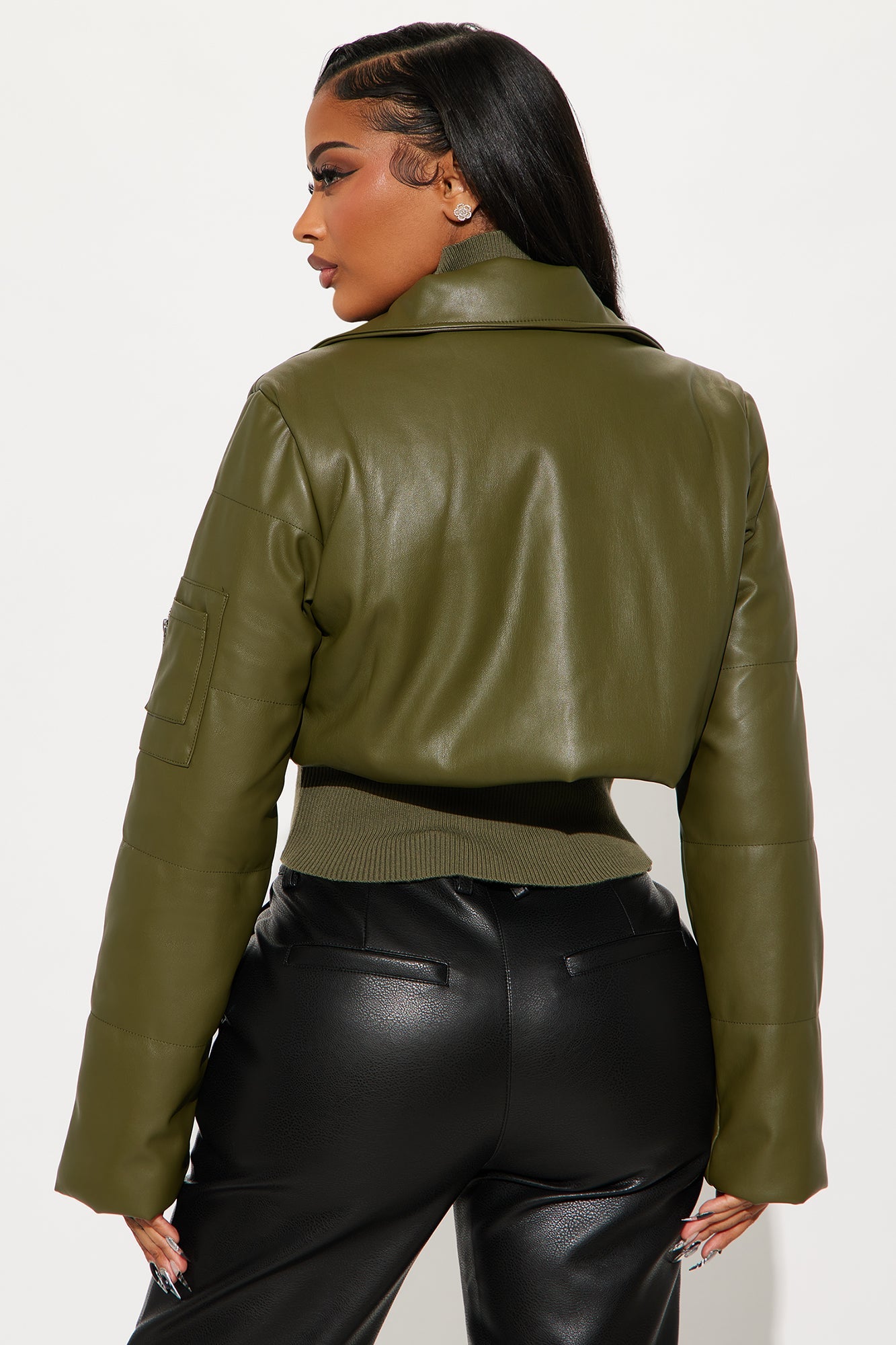 Demi Faux Leather Puffer Jacket - Olive