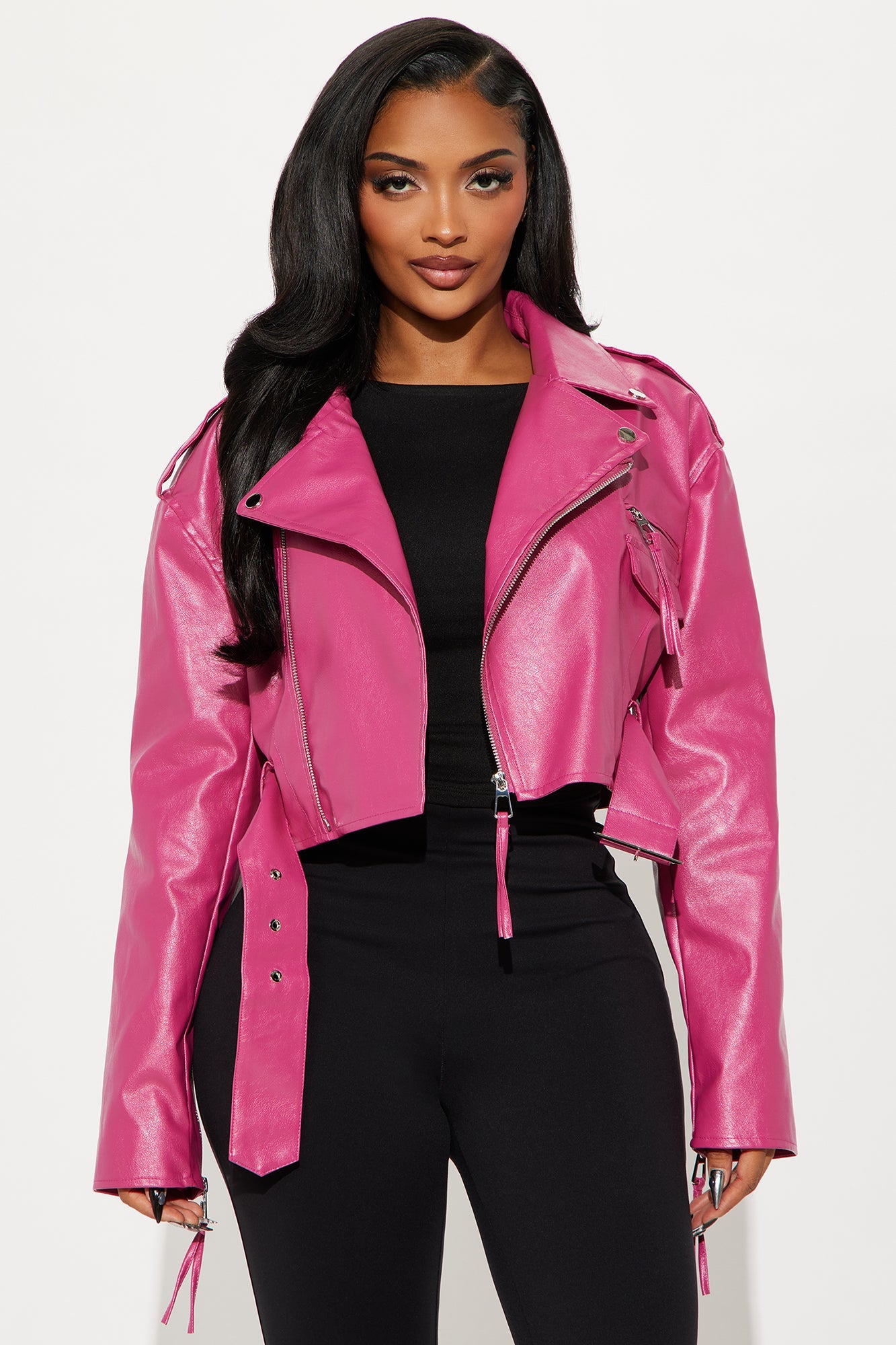 Truth Or Dare Cropped Faux Leather Moto Jacket - Hot Pink
