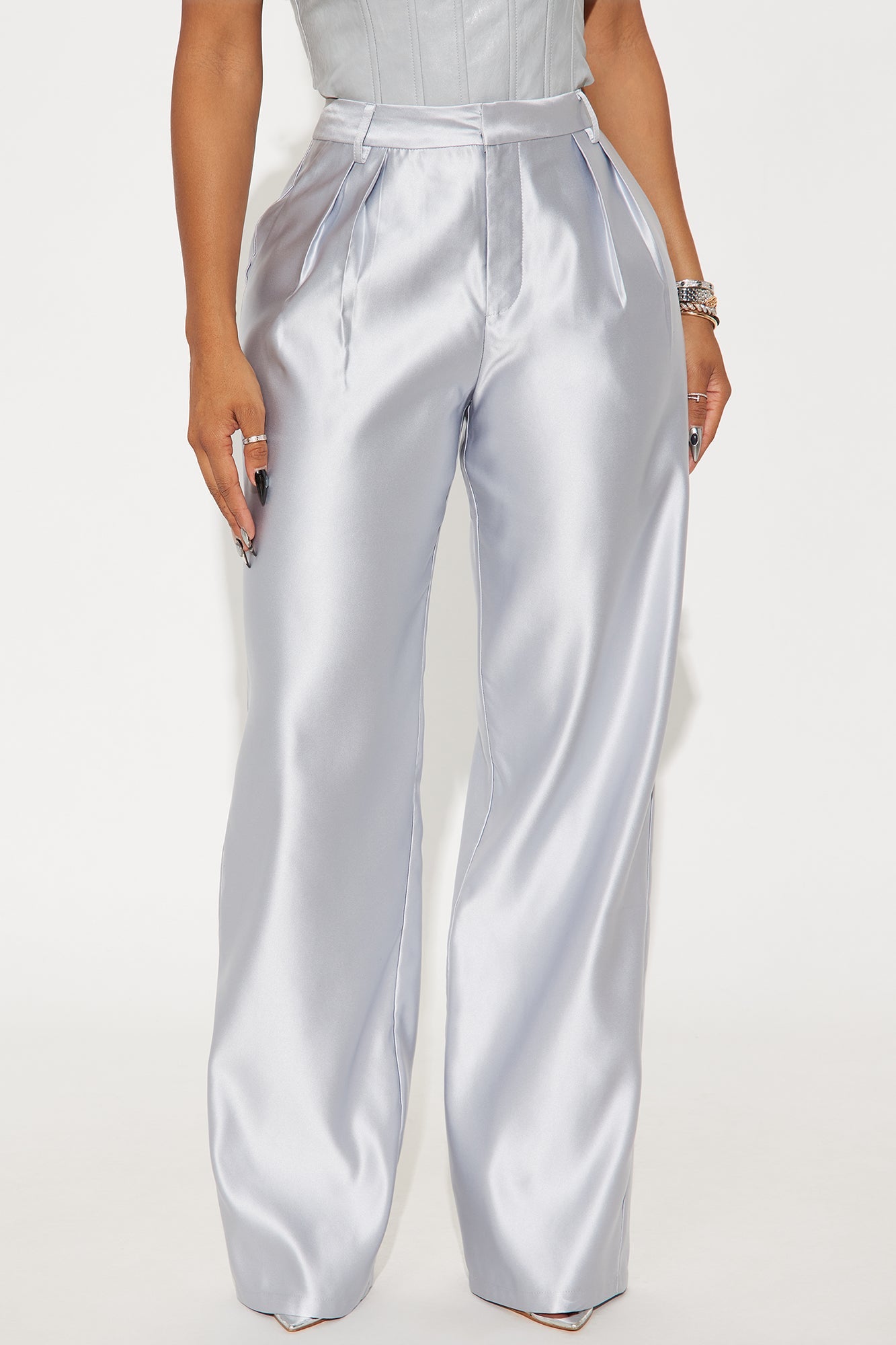 Late Night Cue Satin Wide Leg Pant 32″ - Silver