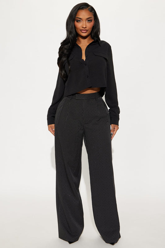 Office Glow Rhinestone Pinstripe Trouser Pant 32″ - Black