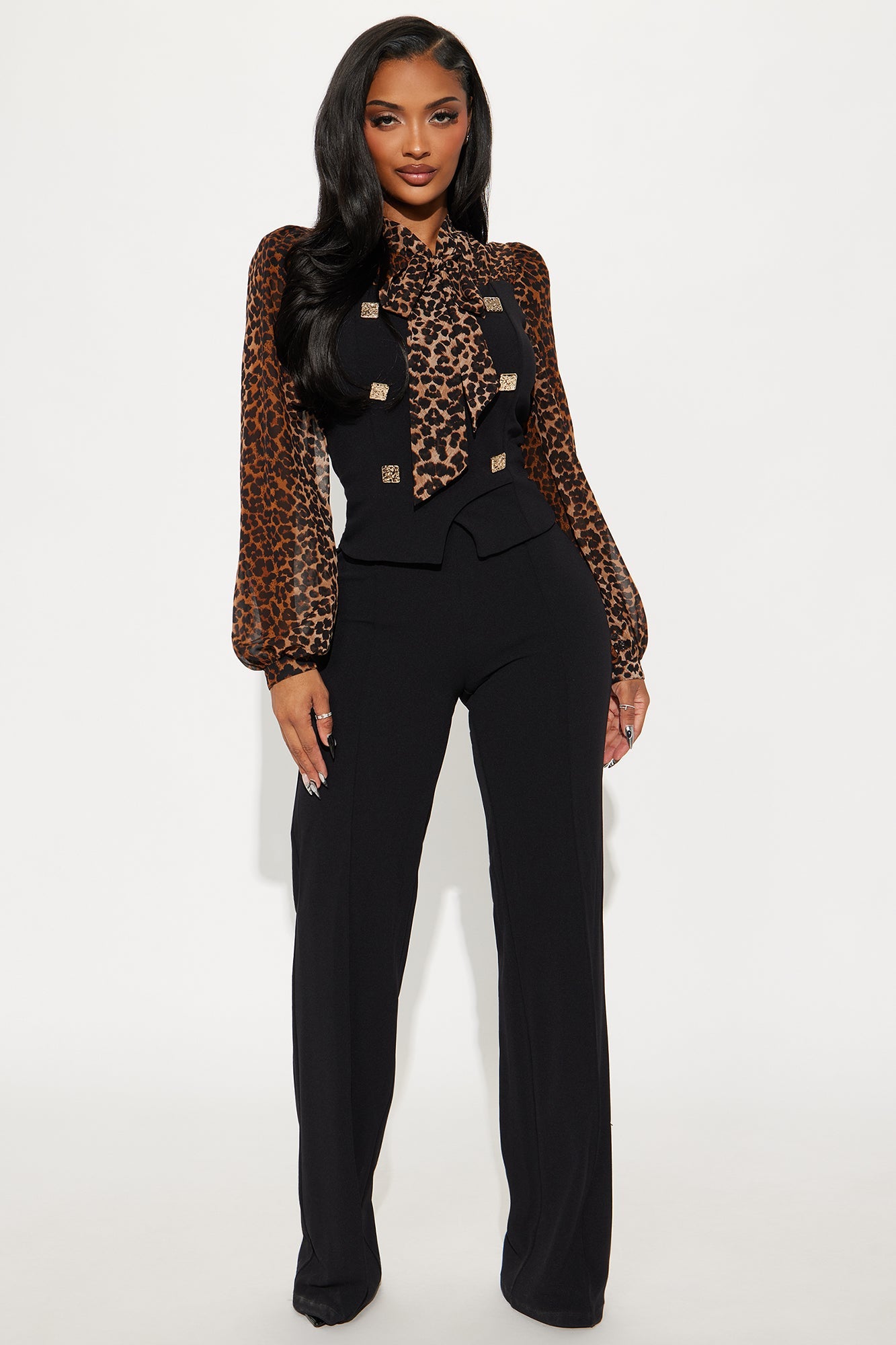 In Command Leopard Chiffon Straight Leg Jumpsuit - Black/combo