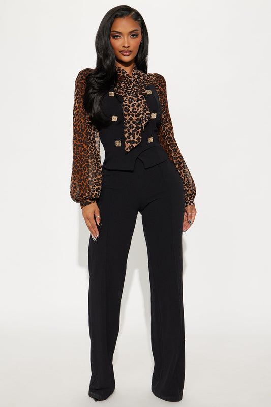 In Command Leopard Chiffon Straight Leg Jumpsuit - Black/combo