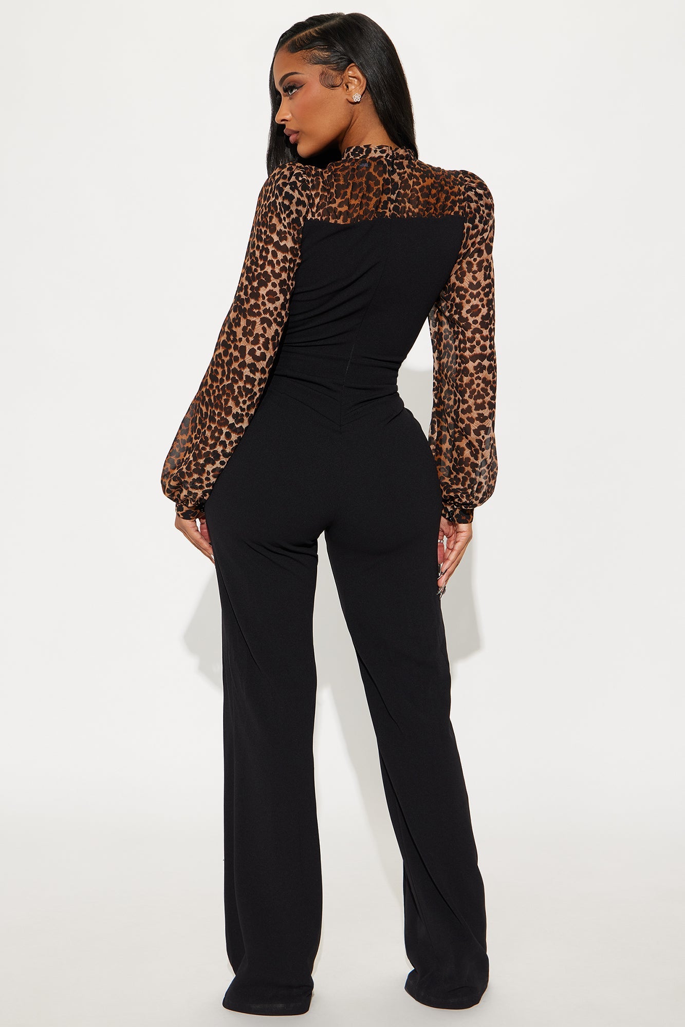 In Command Leopard Chiffon Straight Leg Jumpsuit - Black/combo