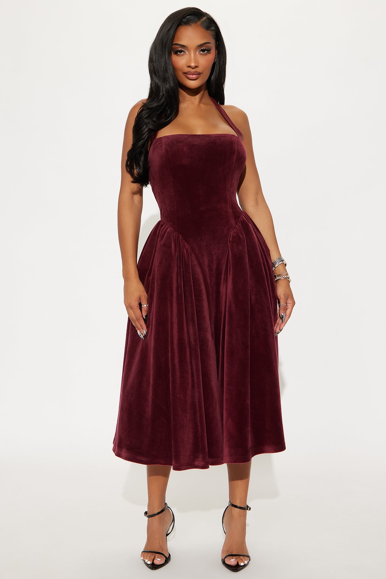 Holly Halter Velvet Midi Dress - Wine