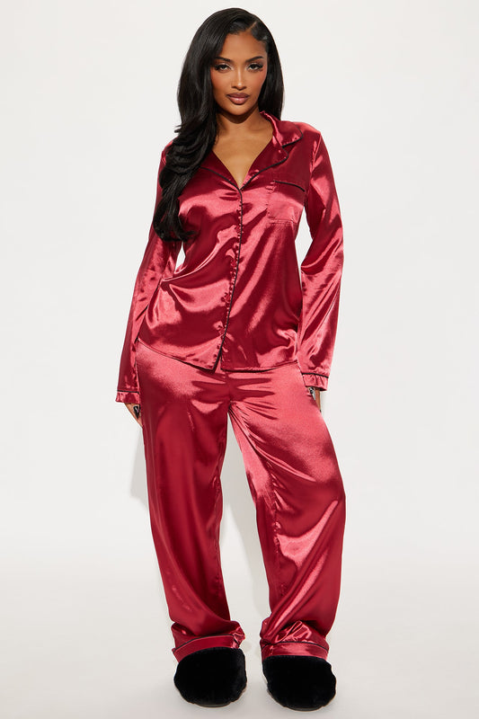 Bedtime Stretch Satin Long Sleeve PJ Pant Set - DarkRed