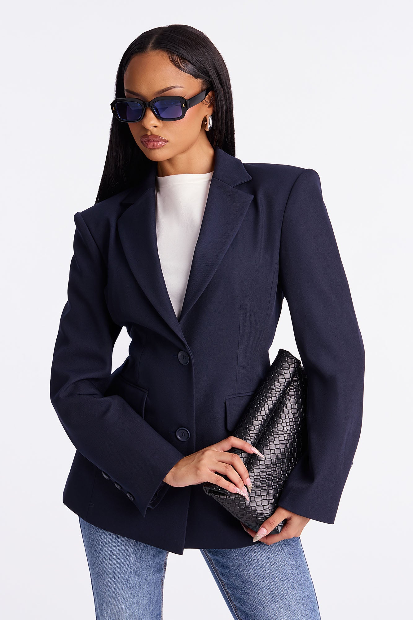 Leslee Twill Rigid Fitted Blazer - Navy