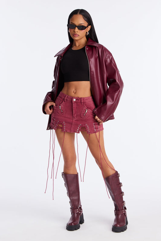 Don't Hesitate Lace Up Micro Mini Skirt - Burgundy