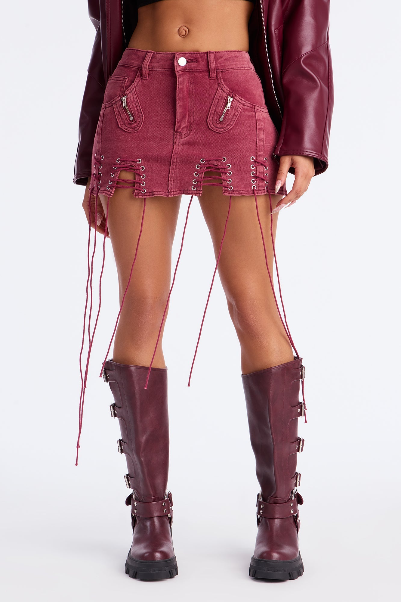 Don't Hesitate Lace Up Micro Mini Skirt - Burgundy