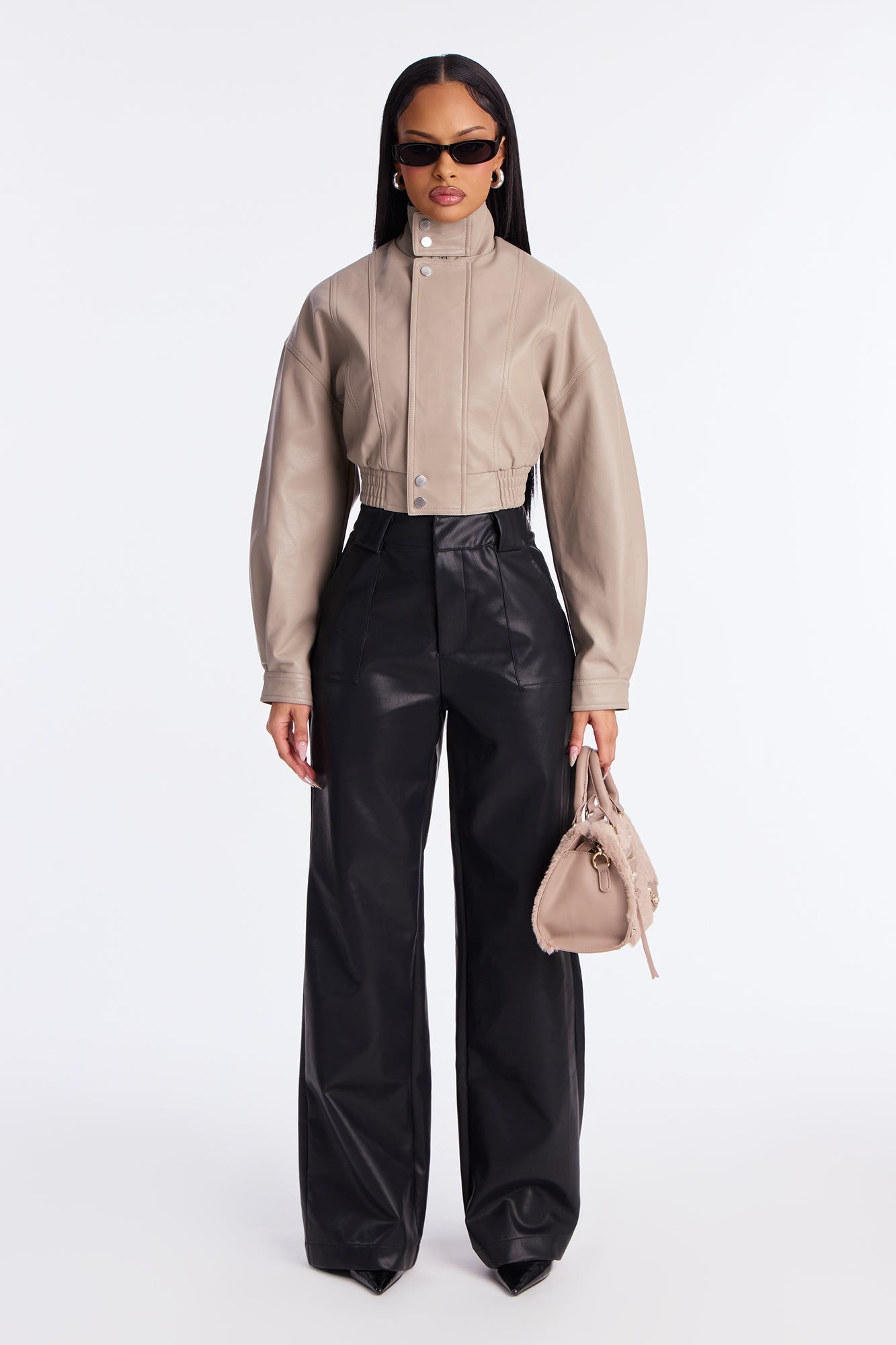 Show Stopper Cropped Faux Leather Bomber Jacket - Taupe