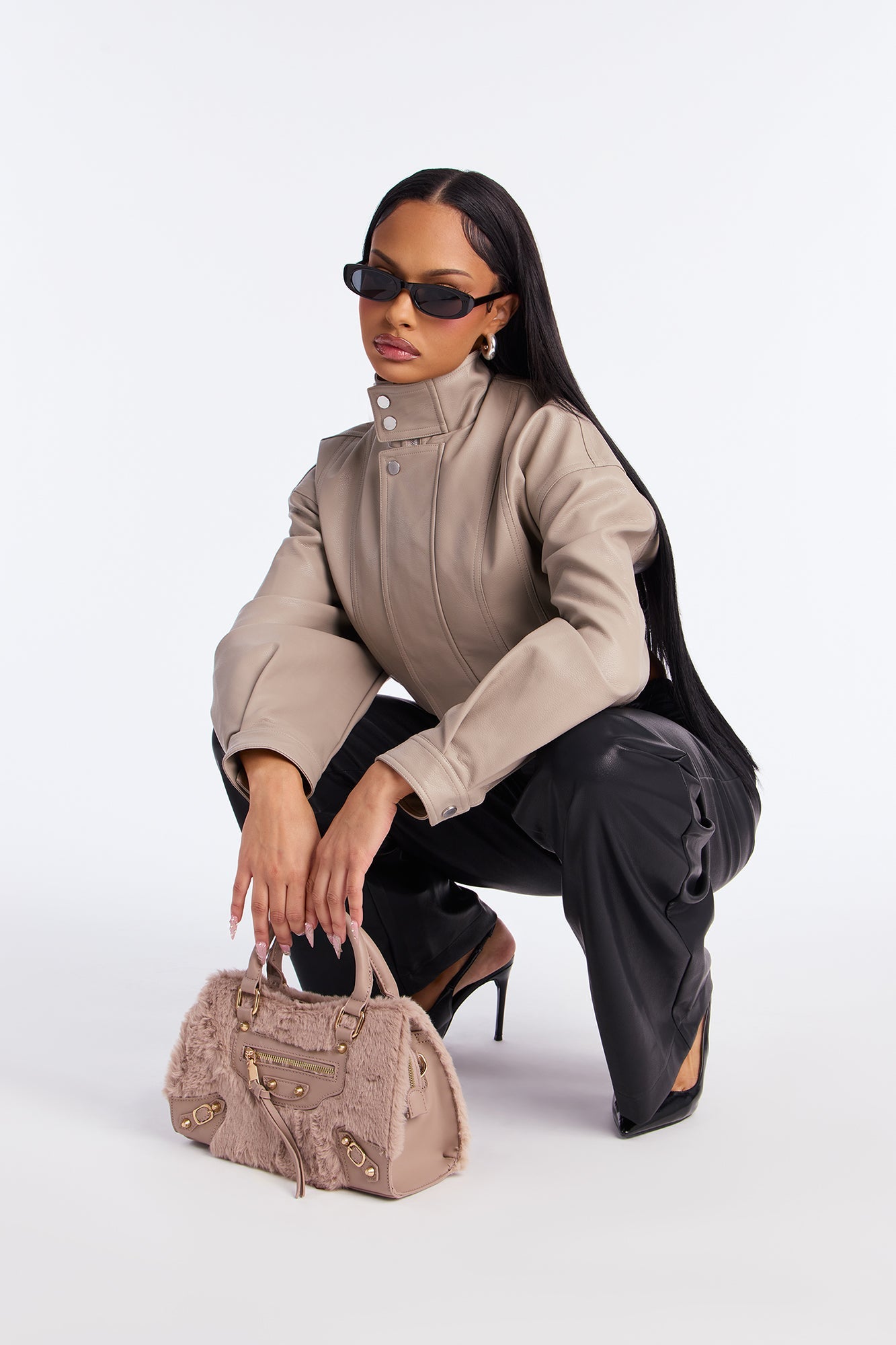 Show Stopper Cropped Faux Leather Bomber Jacket - Taupe