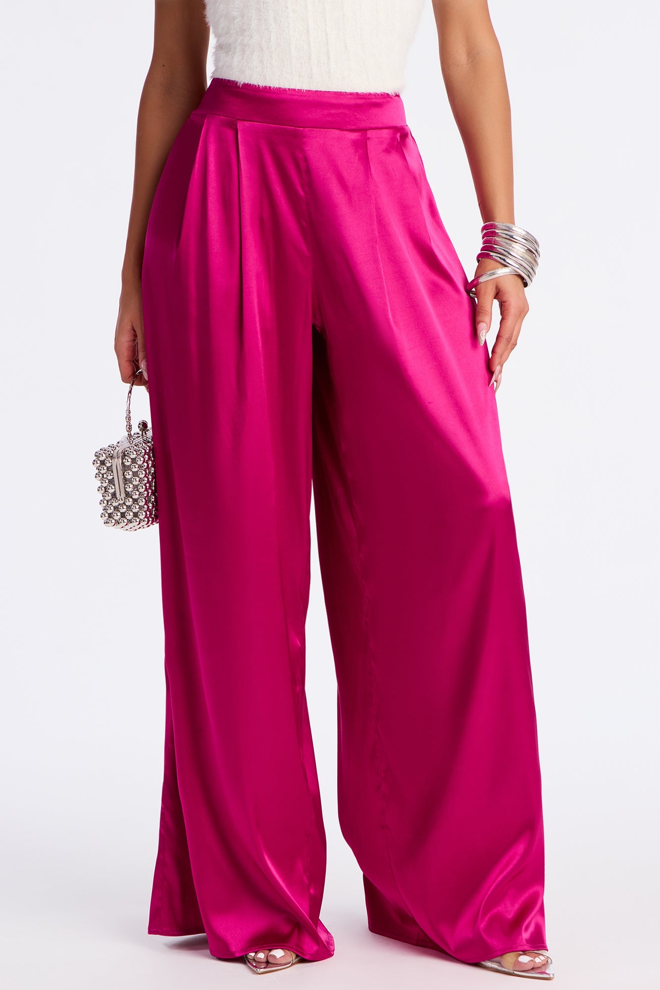 First Class Wide Leg Satin Pant 32″ - Magenta