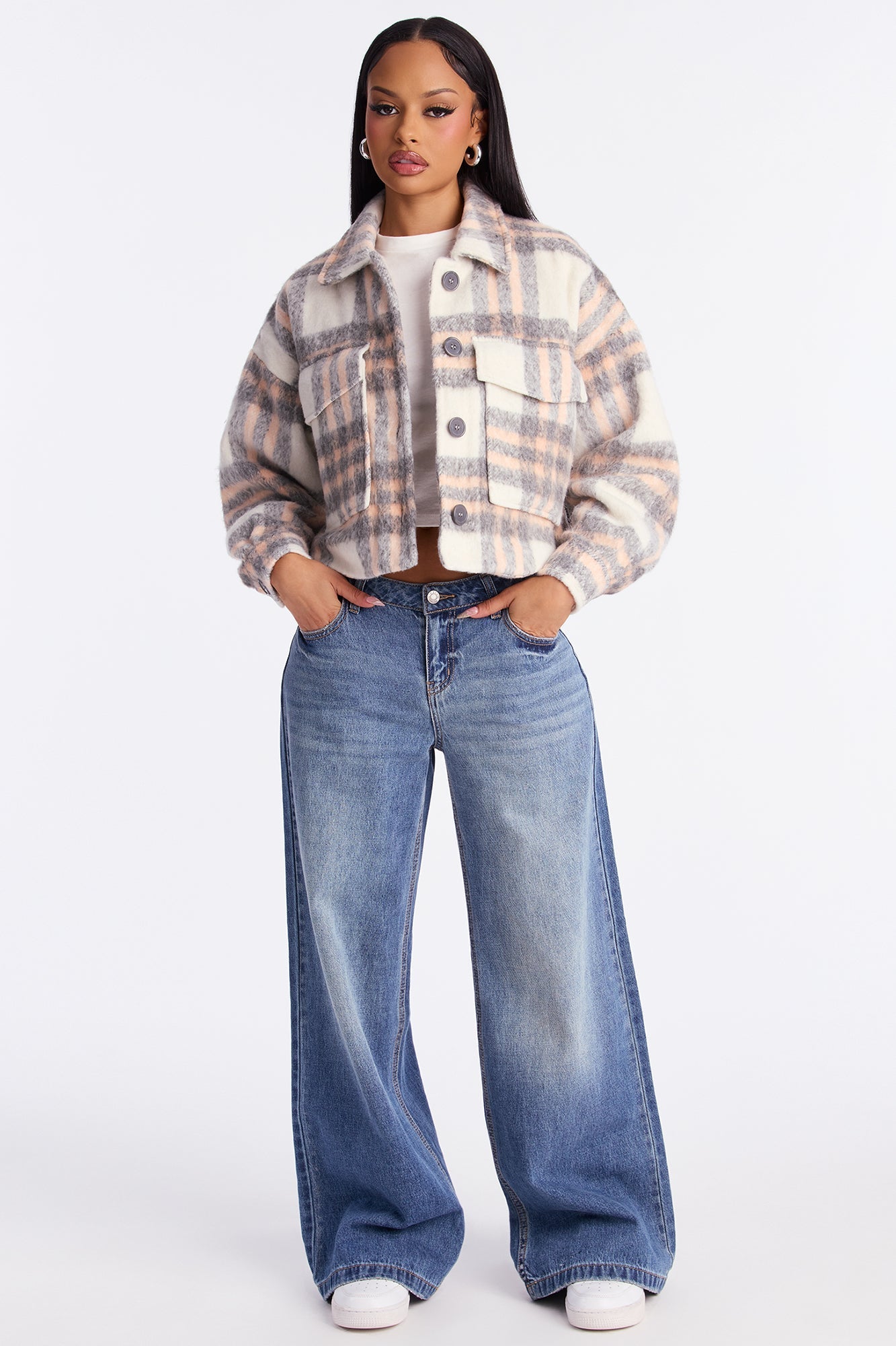 Sienna Plaid Cropped Shacket - Blush