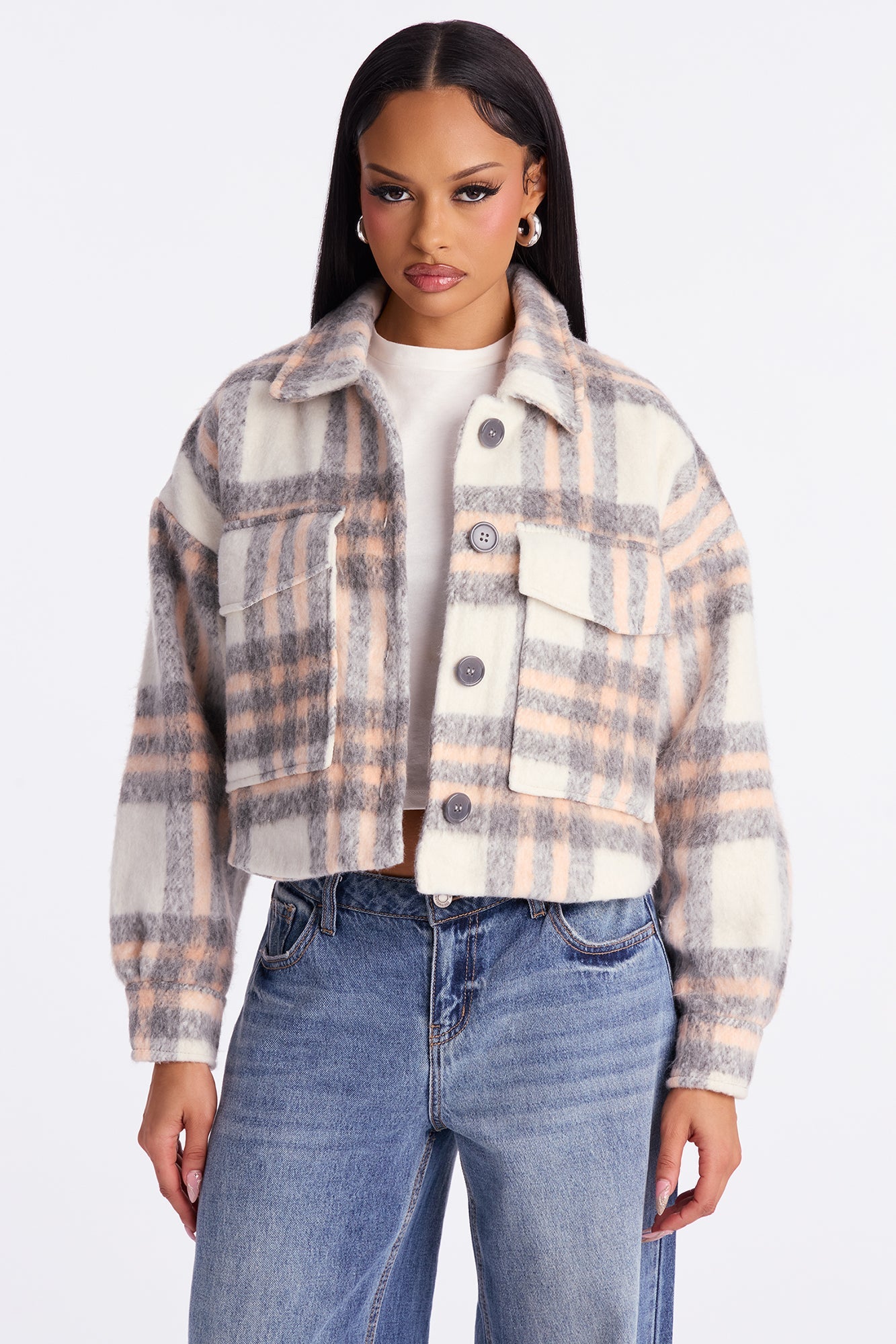 Sienna Plaid Cropped Shacket - Blush