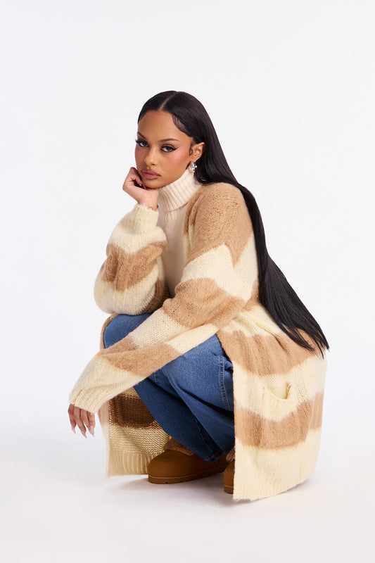 Catch My Vibe Oversized Striped Cardigan - Taupe/combo